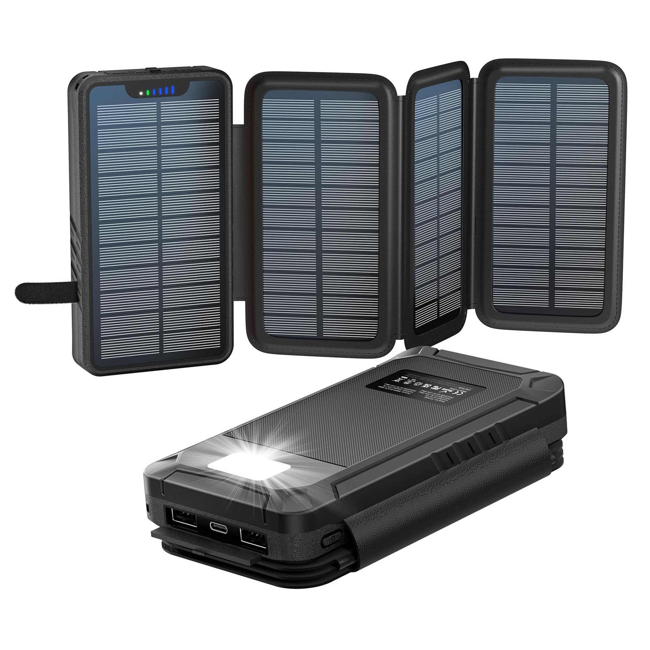 elzle Solaire Batterie Externe 26800mAh, 4 Panneau, Camping Extérieur | Imperméable, 4 Mode Lampe de Poche, 5V/2.1A, 5V/3.1A Sortie, 2 USB-A, 1 USB-C, 5W Solaire Entrée, pour Téléphones Tablettes