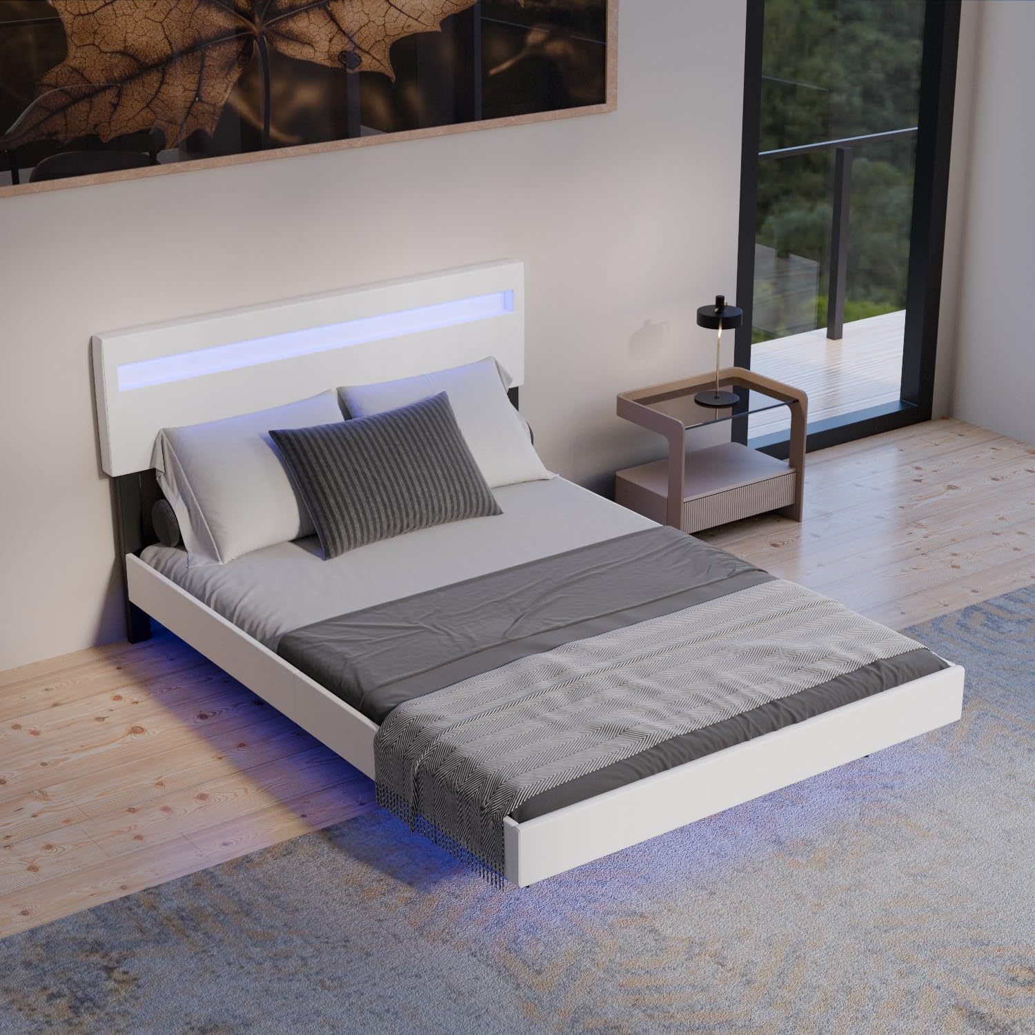 Juskys Letto sospeso Lissabon 140x200 cm con LED, rete e testiera – Design moderno in legno e similpelle – Matrimoniale – Colore bianco