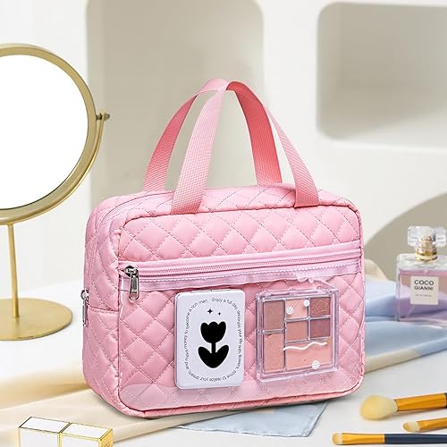Miniatura 4 de CAMTOP Bolsa de maquillaje para mujeres y niñas, bolsa de cosméticos de pana para viaje, bolsa con cremallera, Acolchado rosa., Bolsas de cosméticos