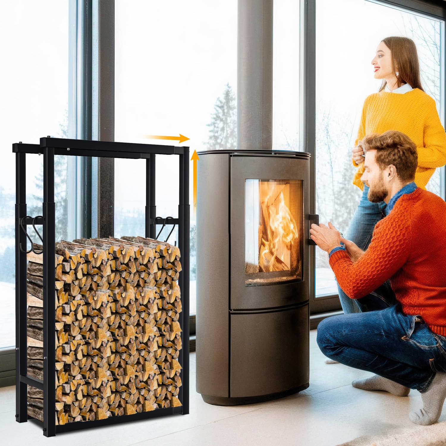 Verstellbare Kaminholzregal Metall, Kaminholzständer 9 Größen Einstellbar, Brennholzregal Feuerholzregal mit 4 Haken für Innen und Aussen Schwarz