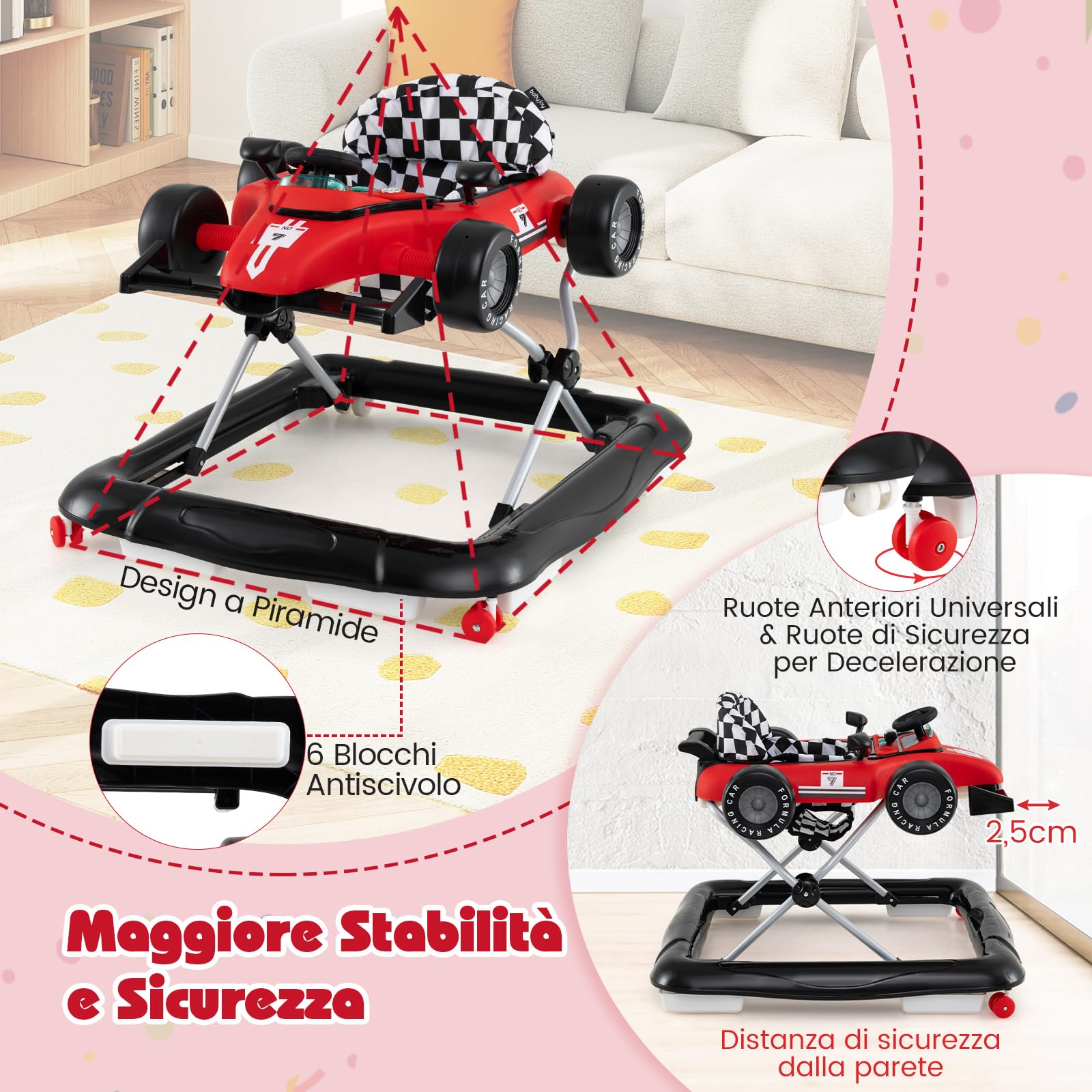 GYMAX 4 in 1 Girello a Spinta Neonato 6 a 12 Mesi, Carico 12kg, Pieghevole con Luci e Suoni, Altezza Regolabili, Carillon Rimovibile, Carrllo Primi Passi per Bambini, 73 x 63 x 51/53/55 cm
