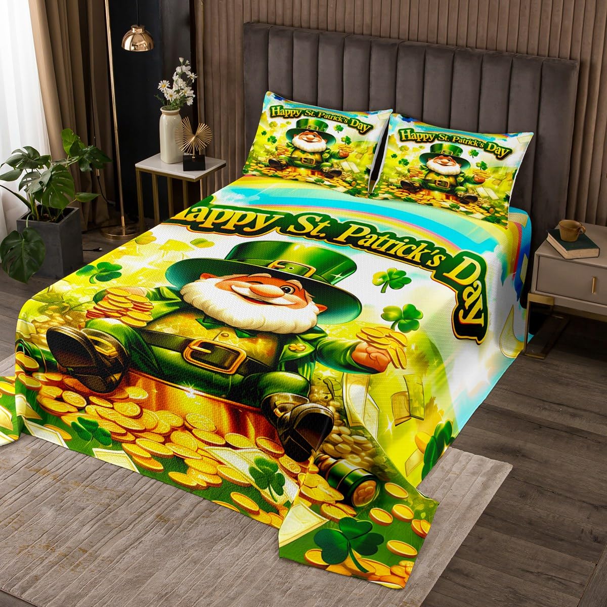 jejeloiu St. Patrick's Day Bedspread 3Pcs Queen Size Kids Gold Coins Coverlet Set for Boys Girls Irish Quilted Coverlet,Microfiber