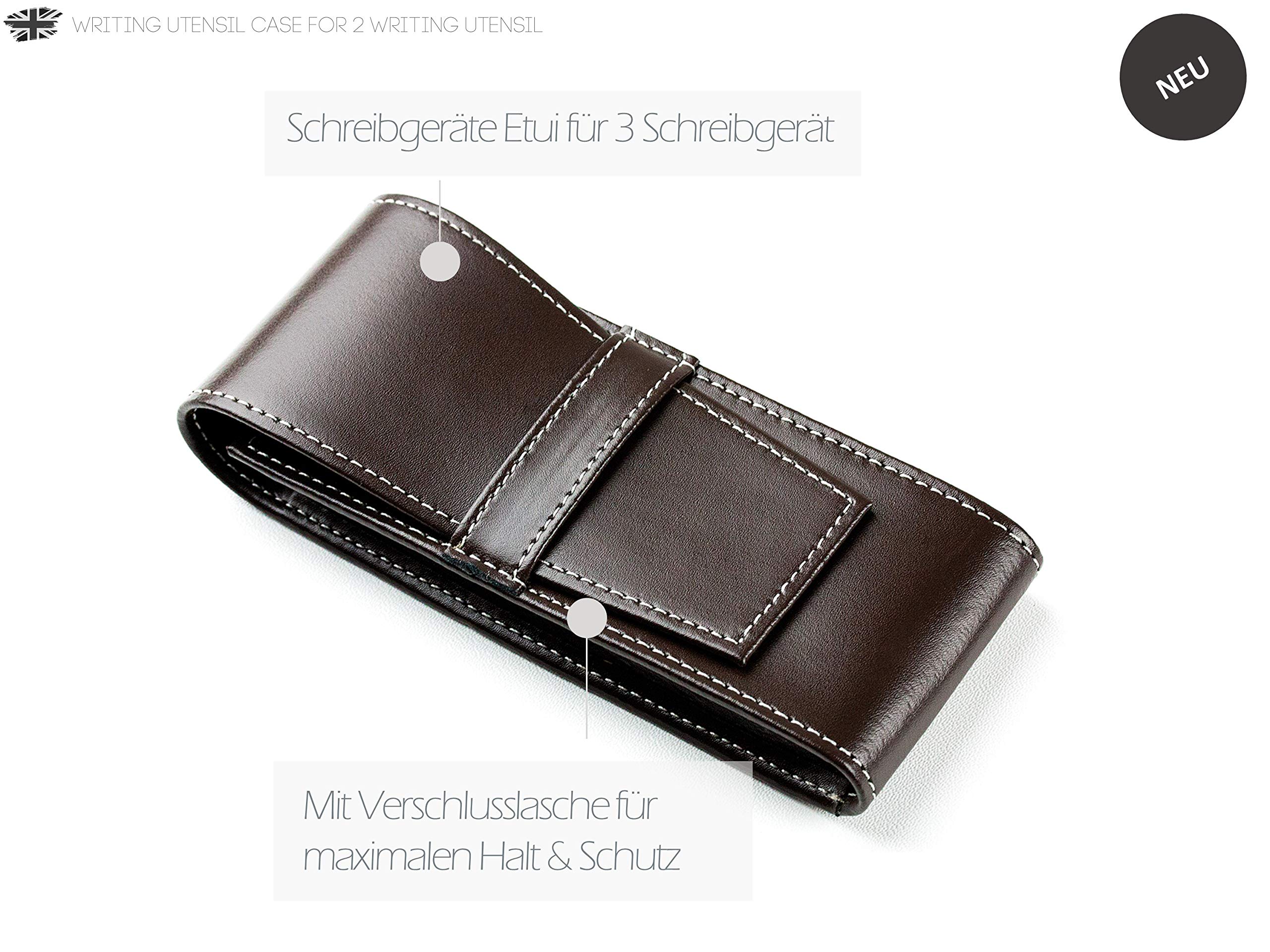 DELMON VARONE - Personalisierbares Schreibgeräteetui Cambridge Top Grain Leder Braun, Echtleder Stifteetui mit Verschlusslasche für 3 Schreibgeräte, Federtasche für Kugelschreiber, Bleistift & Füller