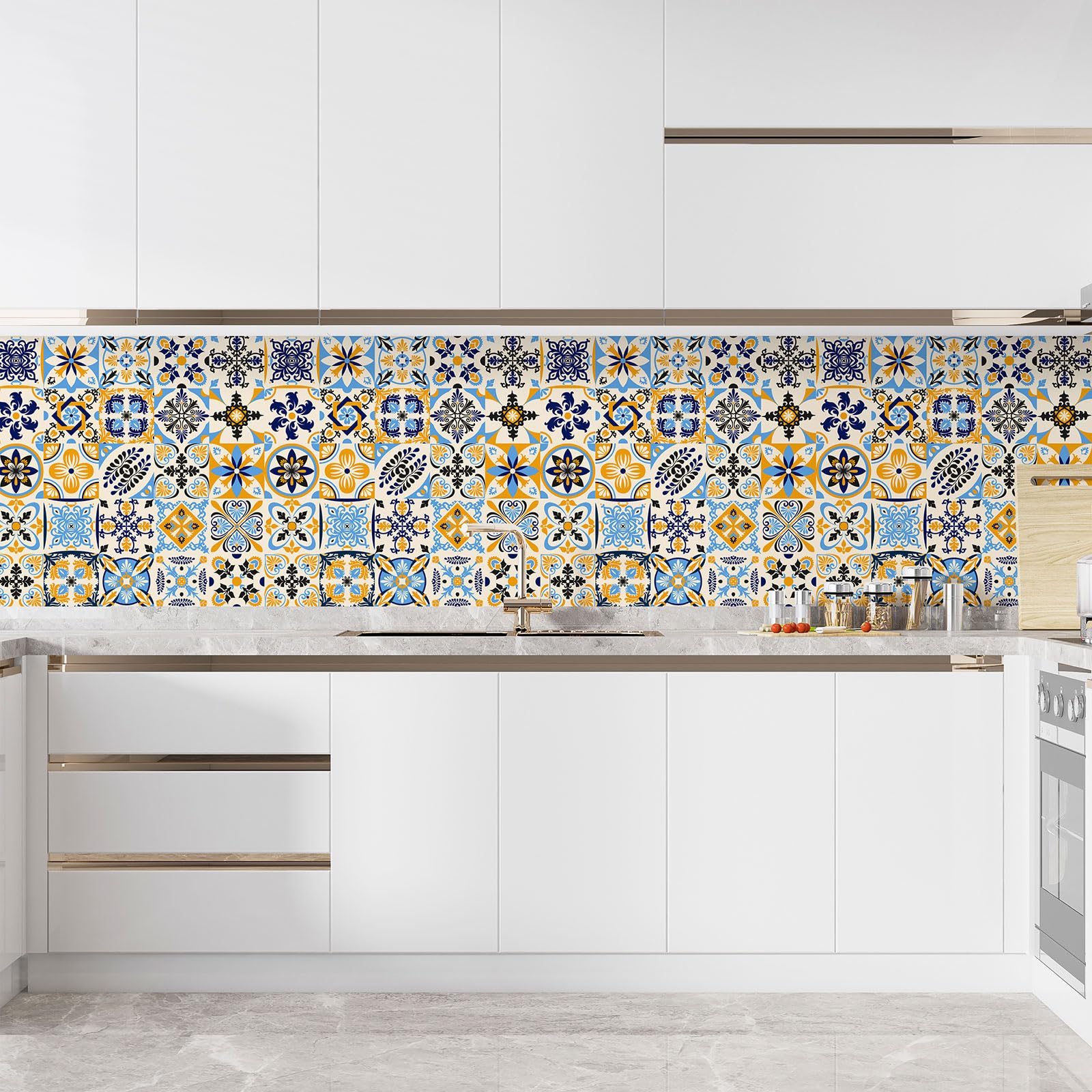 Lumalea Adesivo per cucina, effetto piastrelle di cemento, 3617689965246, adesivo + protezione lucida, 90 x 90 cm