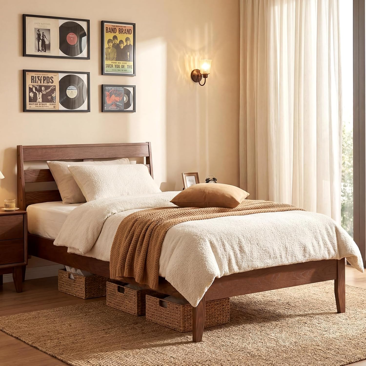 Giantex Twin Size Bed Frame with Slat Headboard, Mid-Century Wood Platform Bed, Wooden Slats Support Mattress Foundation, Under-Bed Storage Space, No Box Spring Needed, Caramel Brown