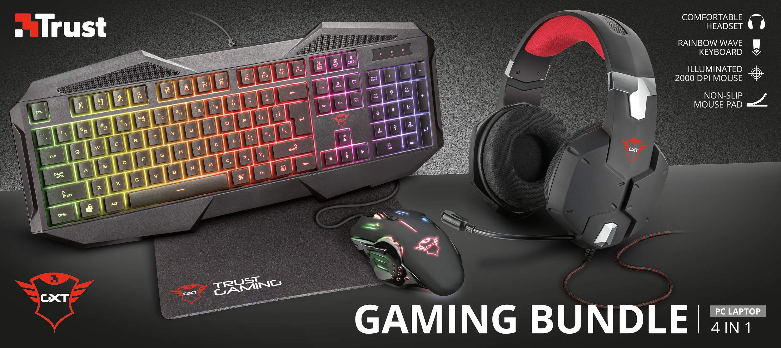 Trust Gaming GXT 1182RW - Paquete Gaming 4 en 1 (Auriculares, Alfombrilla, Teclado y ratón con iluminación) Color Negro