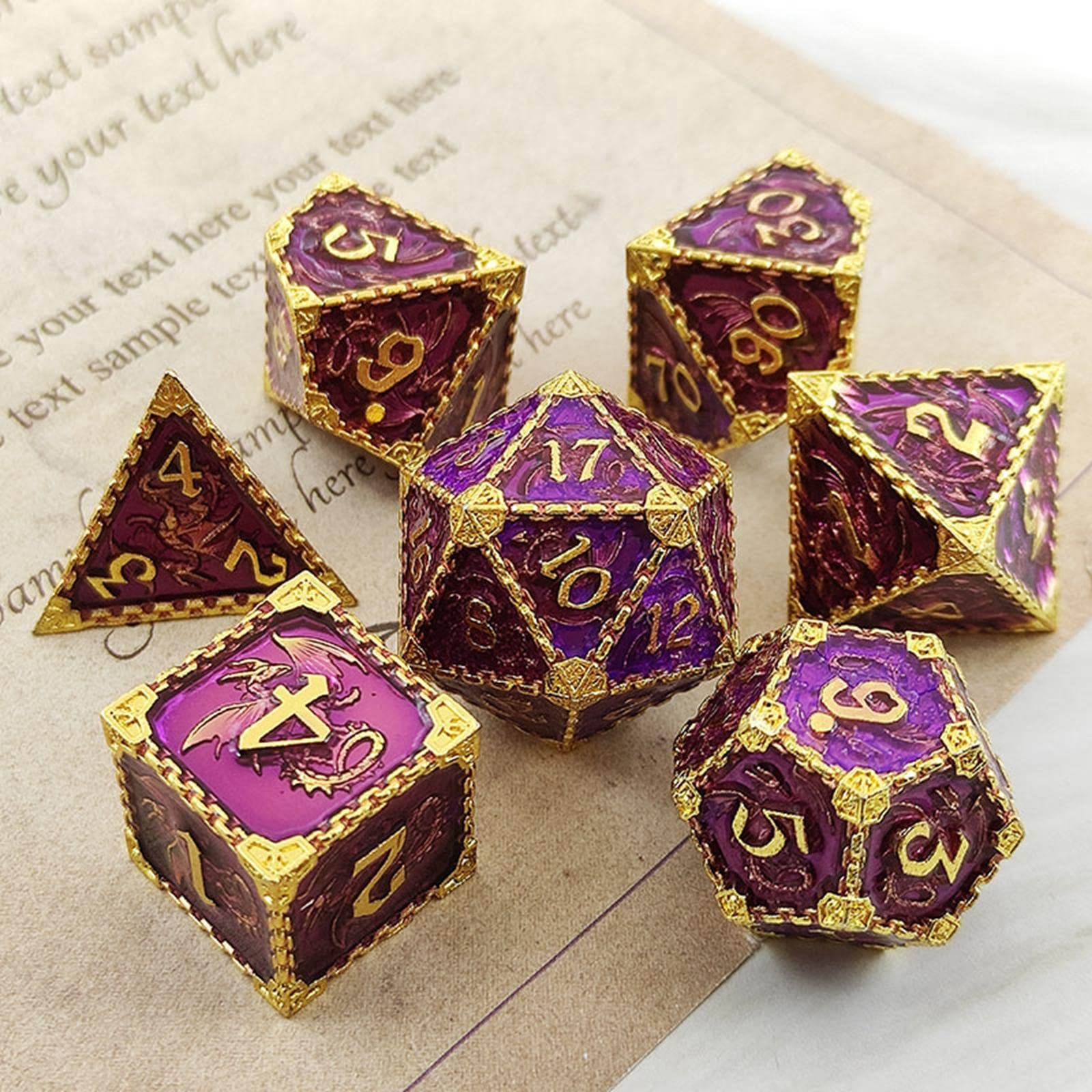Zestaw kości do gry, 7 sztuk Wielościenny wielostronny zestaw akcesoriów do kasyna Rekwizyty Zaopatrzenie imprezy Odgrywanie ról dla DND dla dorosłych RPG, zielony (Color : Purple Golden)