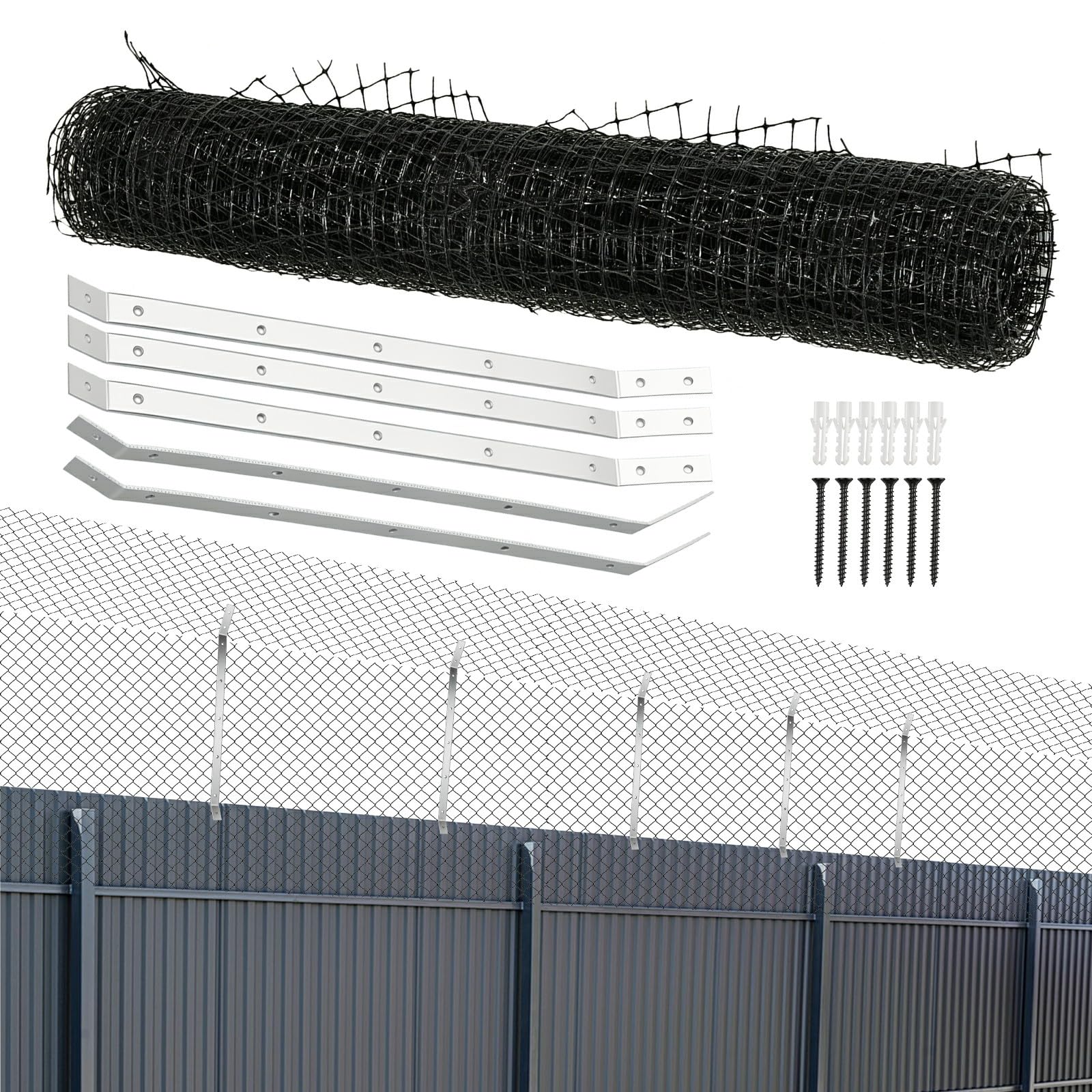 Cat Proof Fence, Catio Cats Outdoor Enclosure Anti-Climb Barrier Kit, Cuttable Cat Roll Mesh Fence, Cat Proofing Fence Brackets Weatherproof Garden Mesh Fencing for Cat Safety & Protection, 10m x 65cm