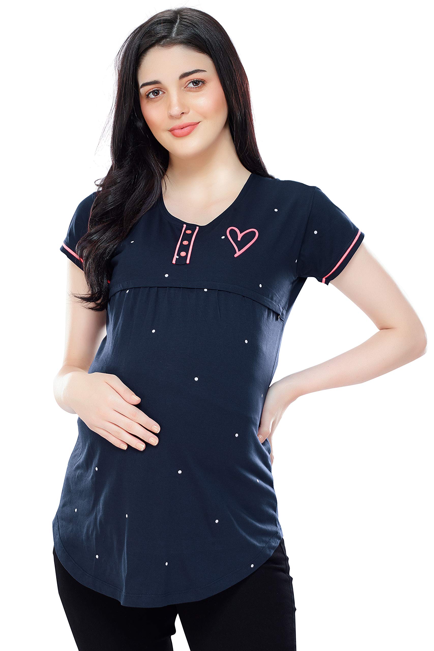 Women's Regular Fit Cotton Maternity Top Dot Print Navy Blue Feeding Tshirt 5342 Large-image-21