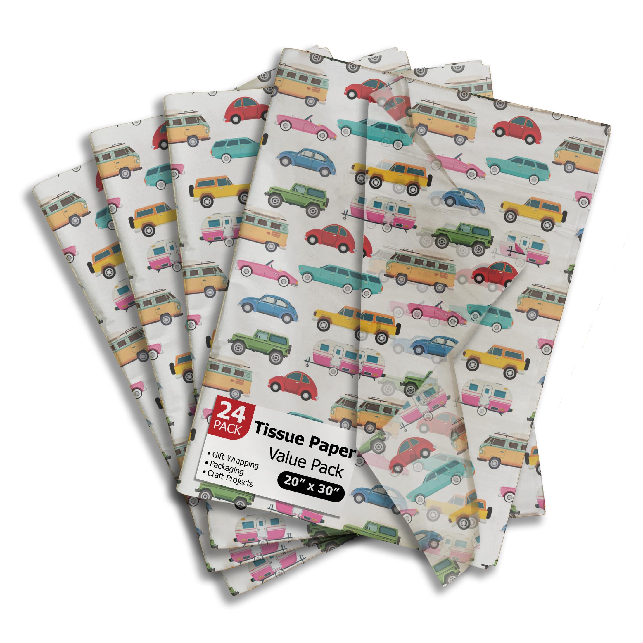 Automobiles Printed Tissue Paper for Gift Bags or Boxes and Wrapping - Cars Bulk Decorative Art Tissue Paper for Packaging and Gifting | 24 Sheets 20"