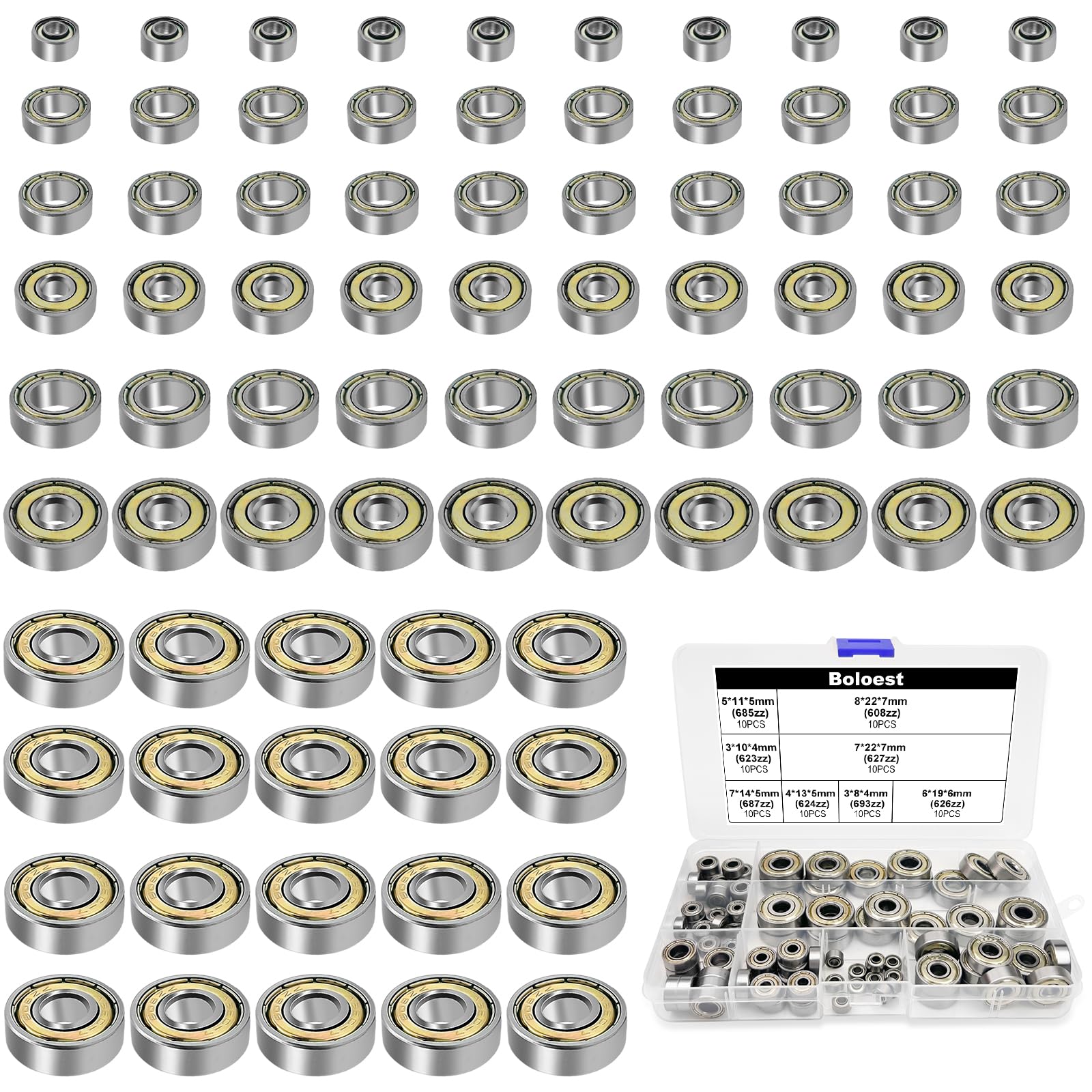 80pcs Mini Ball Bearing Assortment Kit，693zz,623zz, 685zz, 624zz, 687zz,627zz,626zz, 608zz 6 Sizes Carbon Steel Double Shielded Groove Bearings for skateboards, trolleys