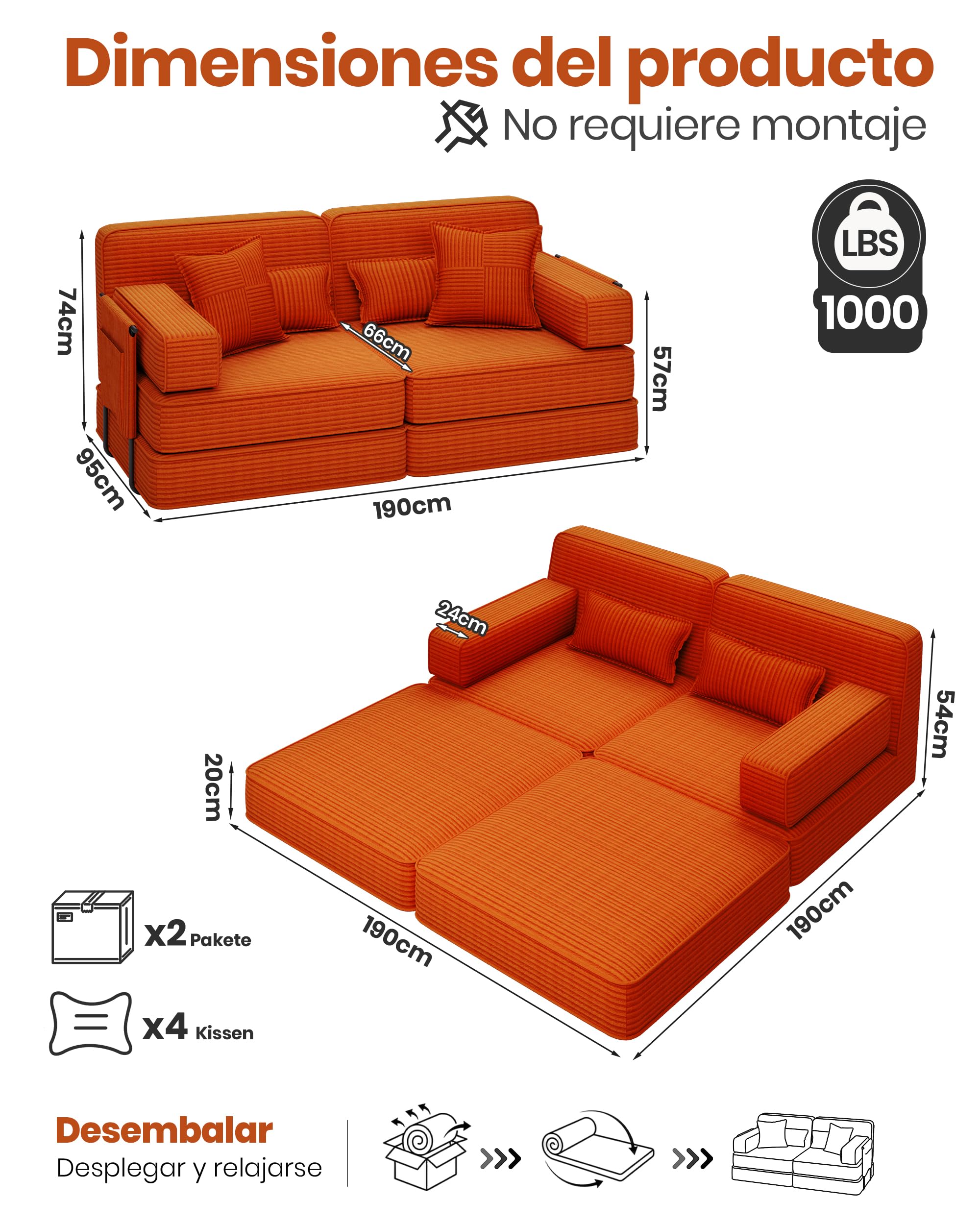 190cm Sofá Cama 2-3 Plazas con Espuma, Modular 5 en 1, Naranja | Versátil Sofá Cama de Pana con Asiento Profundo, Sofá de Suelo para Apartamento, Apto para Mascotas y Ergonómico