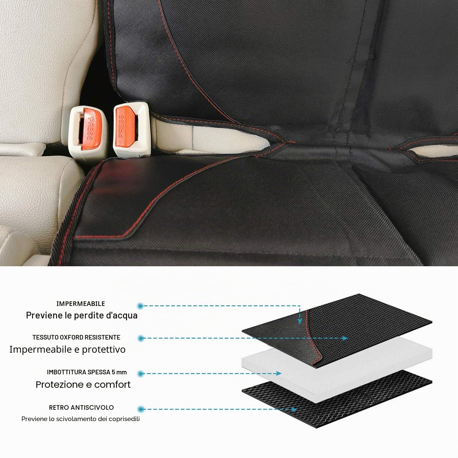 MORROLS Set di 2 protezioni per sedili auto, in pelle, con fondo antiscivolo, impermeabili, grandi tasche a rete in pelle e tessuto, per SUV, berlina, bagagliaio