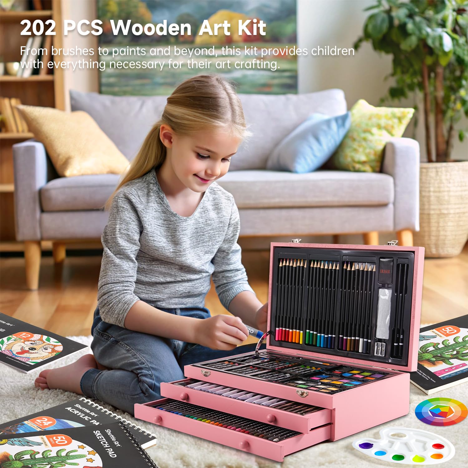 Shuttle Art Luksusowy zestaw upominkowy, 202-częściowy zestaw drewnianych materiałów artystycznych z 4 podkładkami do rysowania, płótnami, kolorowankami, farbą akrylową, kredkami, pastelami olejnymi,