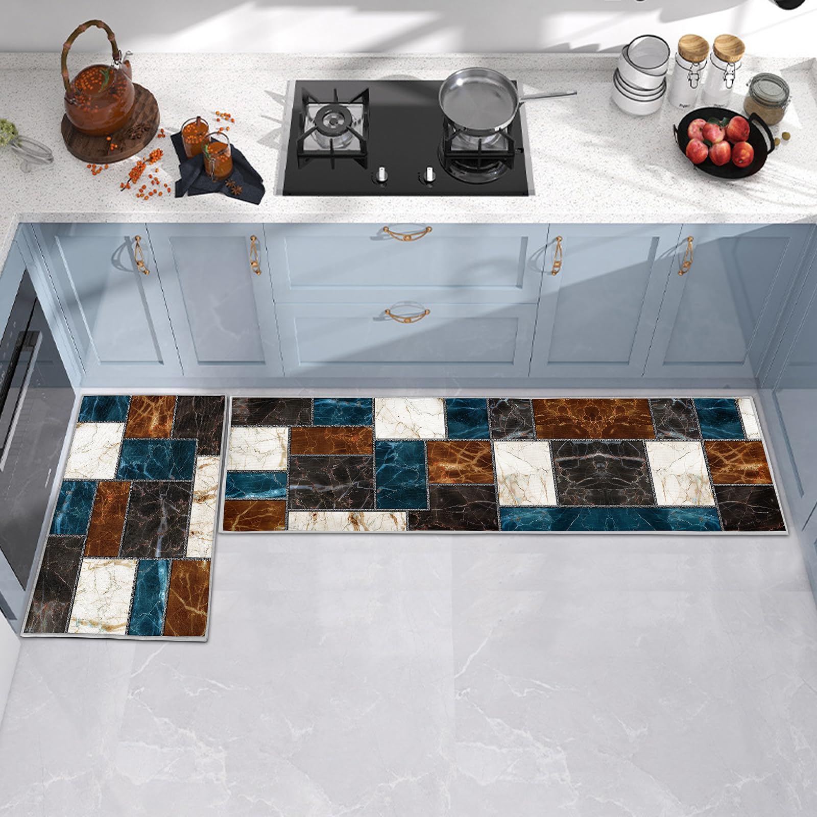 Set di 2 tappeti da cucina, antiscivolo, 6 mm di spessore, impermeabili, facili da pulire, tappeti da cucina anti-affaticamento per la cucina (Stile N, 40x60+40x120 cm)
