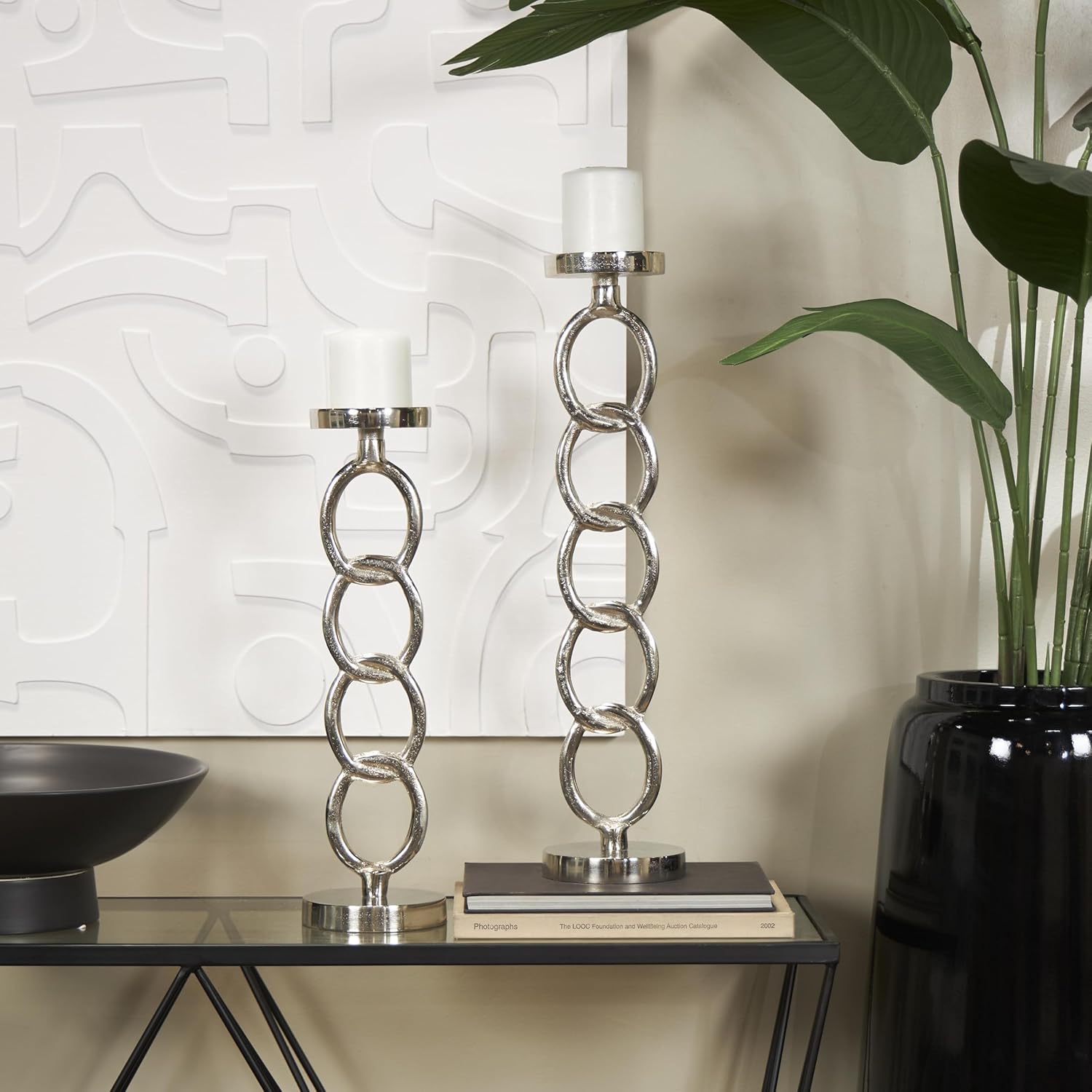 Deco 79 Aluminum Metal Geometric Decorative Candle Holder Candle Stand, Set of 2 Candlestick Holder 23", 19" H, Silver