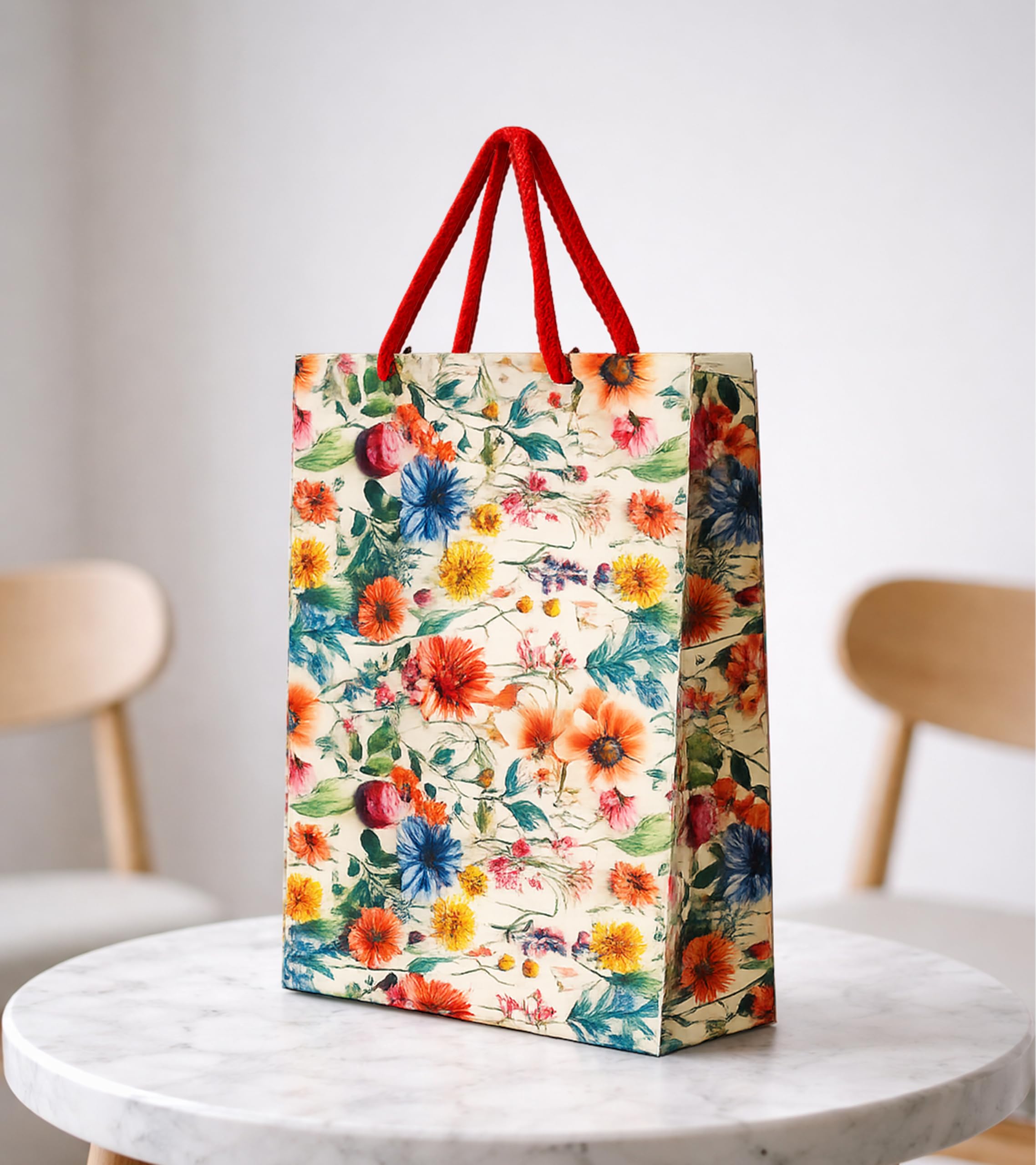 KOSY Paper Gift Bag for Gifting and Return Gifts Medium Designer Printed Paper Carry Bag Multi Flower Design for Chocolates Jewelry Accessories Events and Celebrations Pack of 10