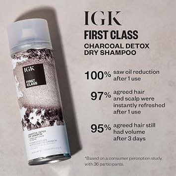 IGK First Class Charcoal Detox Dry Shampoo | Deep Cleansing, Oil & Odor Absorbing | Adds Volume & Texture | For All Hair Types | 6.3 oz (Pack of 2)