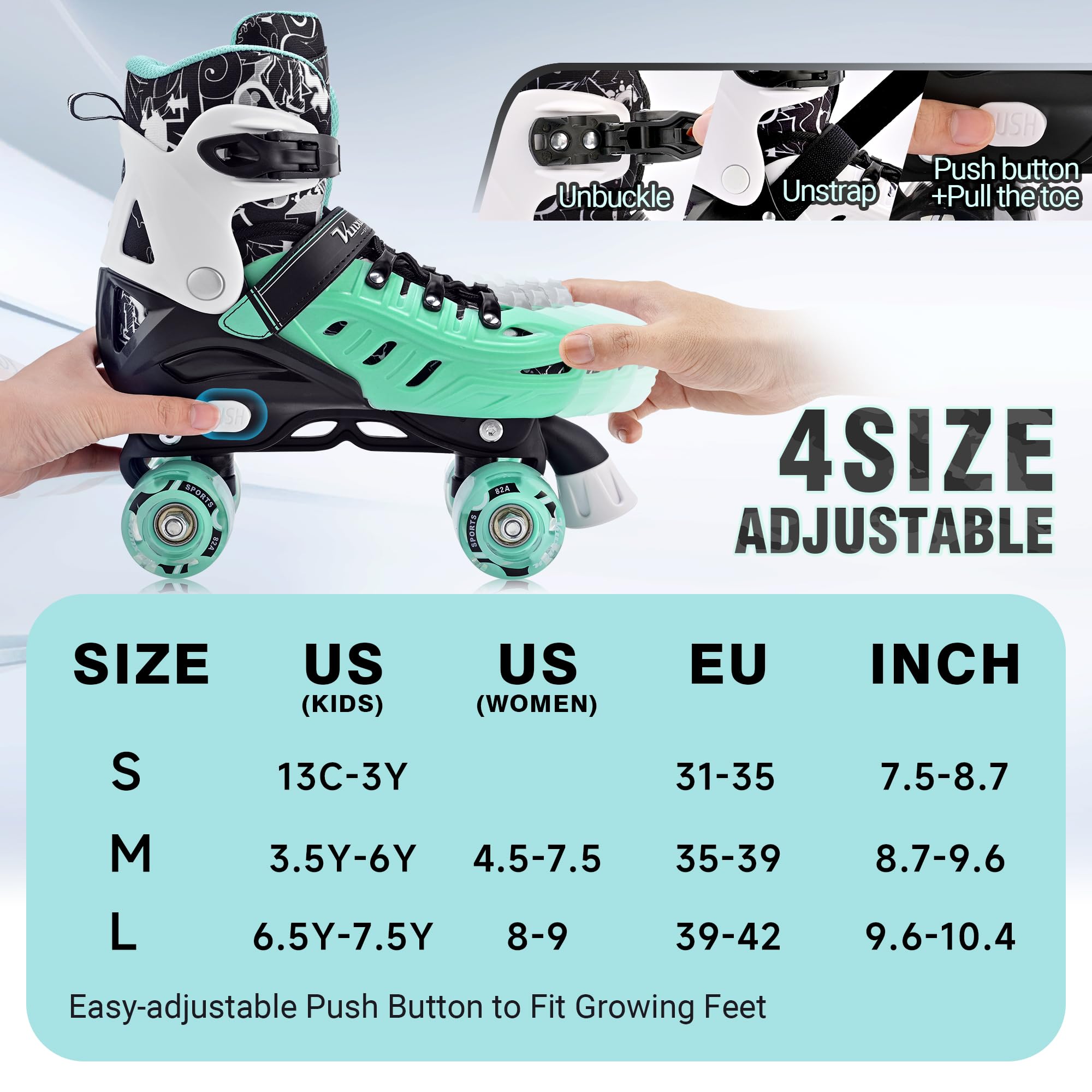 Kuxuan Skates Roller Skates for Girls and Boys Kids, 4 Sizes Adjustable Fun Kids Toddler Rollerskates with Light up Wheels for Teens Women Indoor Outdoor