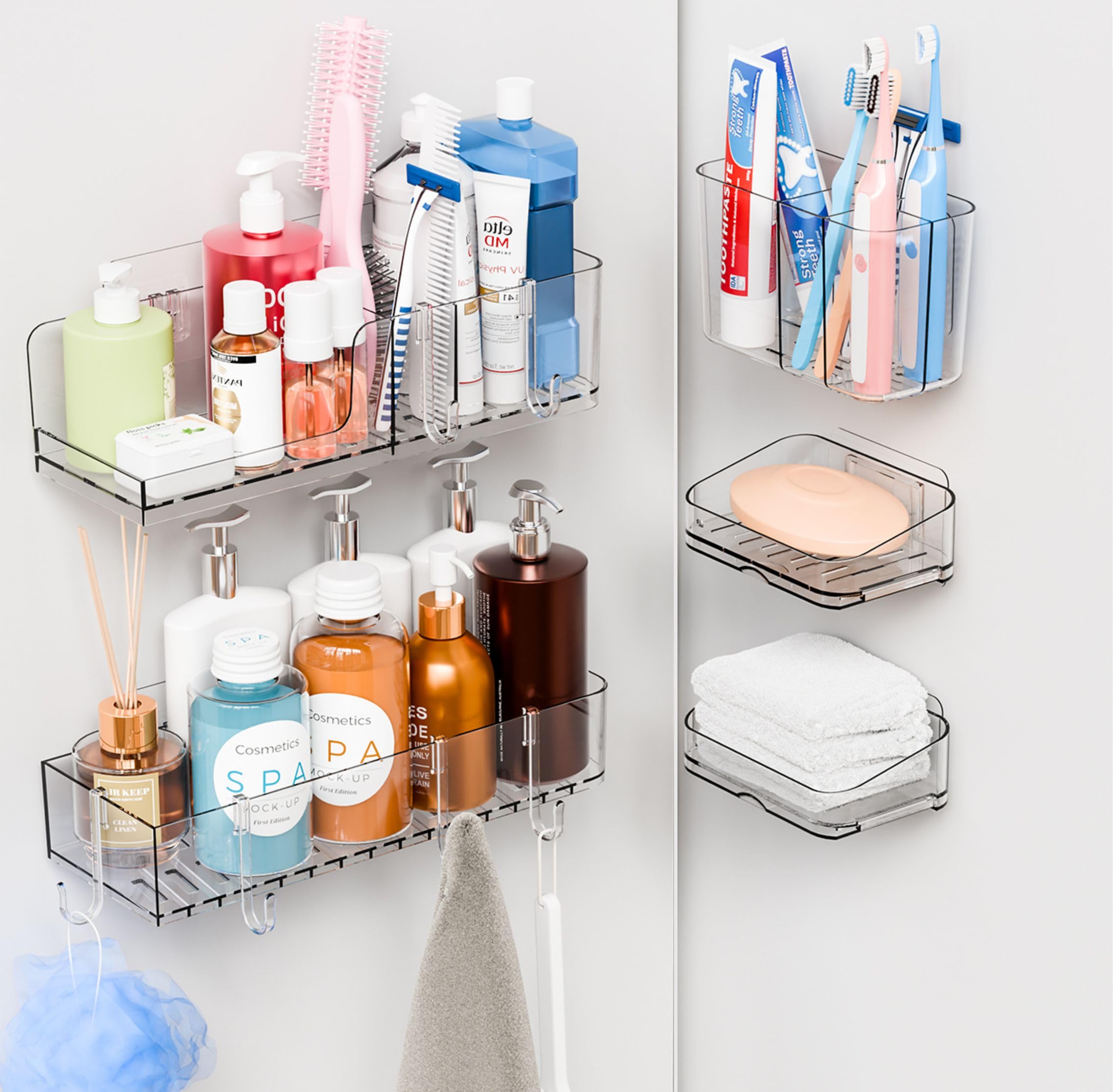 Yieach 5 Pack Adhesive Shower Racks for Inside Shower Clear Acrylic Rustproof Shower Caddy Plastic Bathroom Shelves Storage