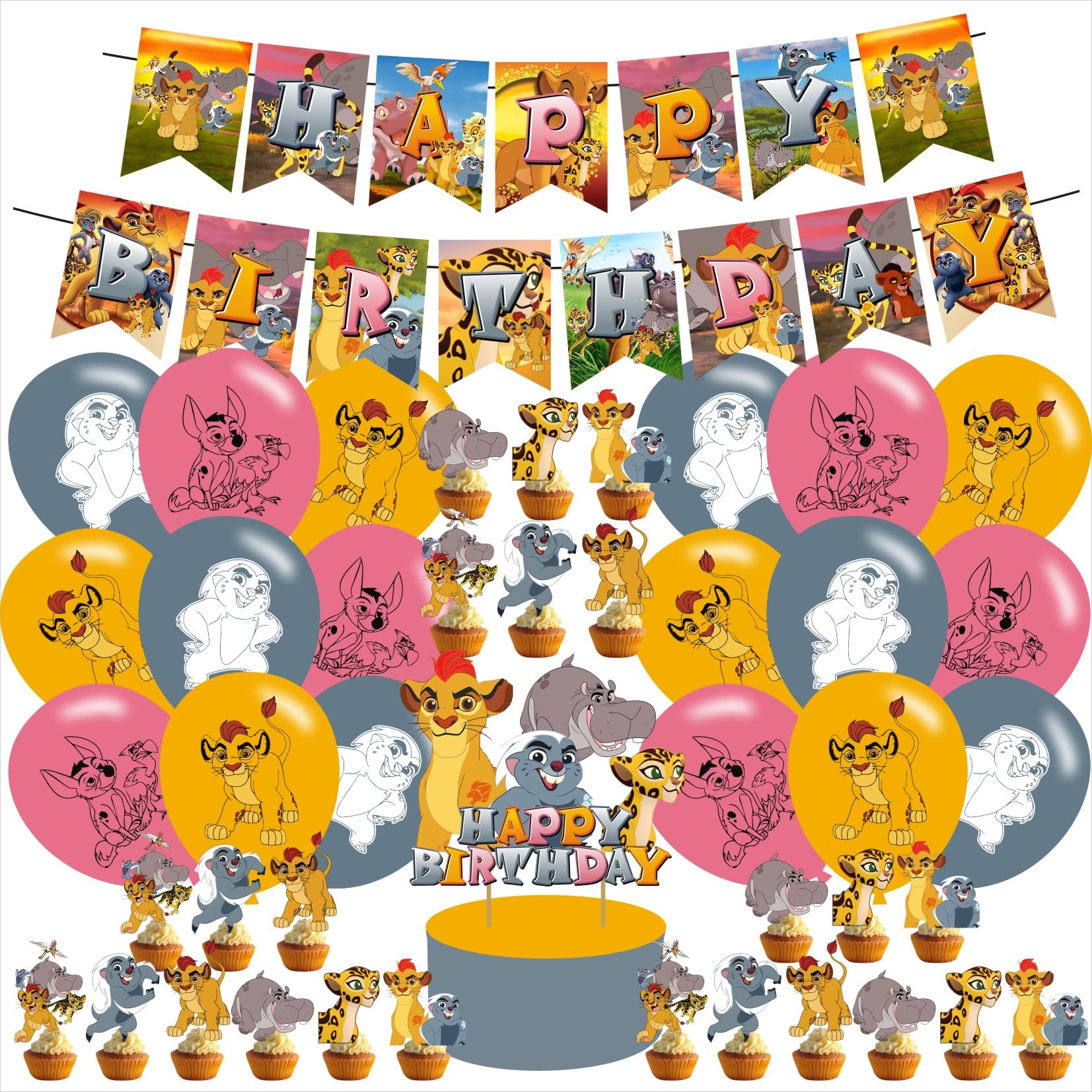 Lion Guard Theme Birthday Party Decorations, Lion King Party Supply Set for Kids with Happy Birthday Banner, 12 Cupcake Toppers, 18 Green Balloons