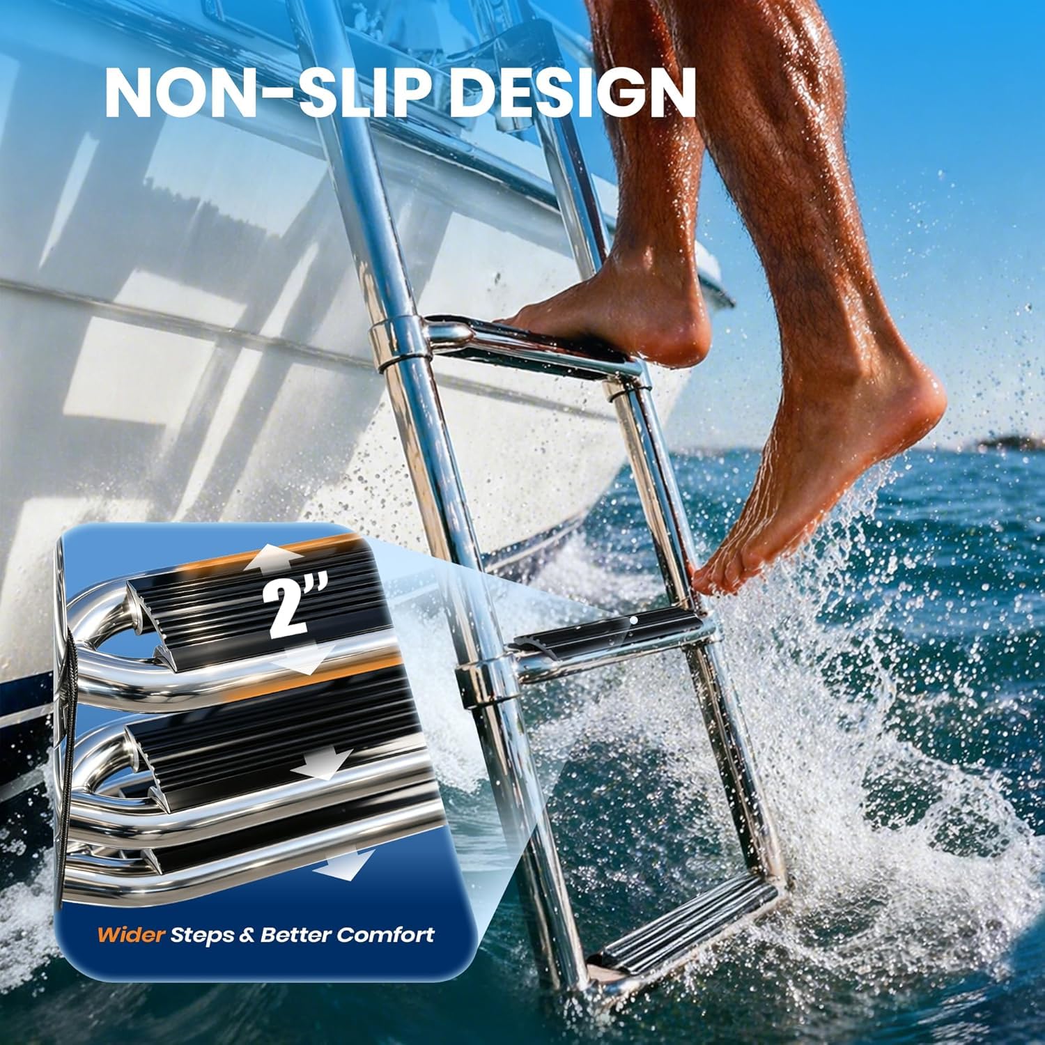 Scaletta per Bagno Barca Pieghevole, Inox Telescopica 4 Gradini Per Piscina, Ingresso Pontone Di Poppa Marina Yacht Con Corrimano E Piolo Largo