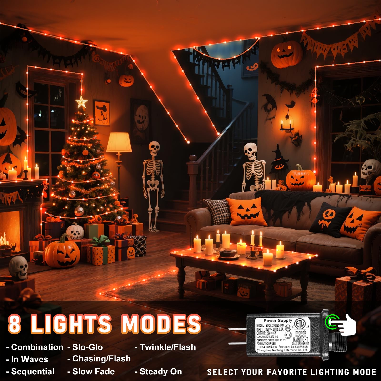 Luci a corda per esterni, 300 m, 300 LED arancioni, luci di Halloween con 8 modalità impermeabili, collegabili, luci a tubo trasparente per esterni, giardino, cortile, patio, terrazza
