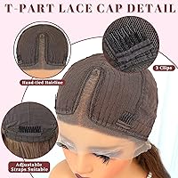 Vista 7 de Pelucas de encaje frontal sintético lacio marrón, sin pegamento, línea de cabello natural, con reflejos marrones, pelucas de encaje sintético marrón