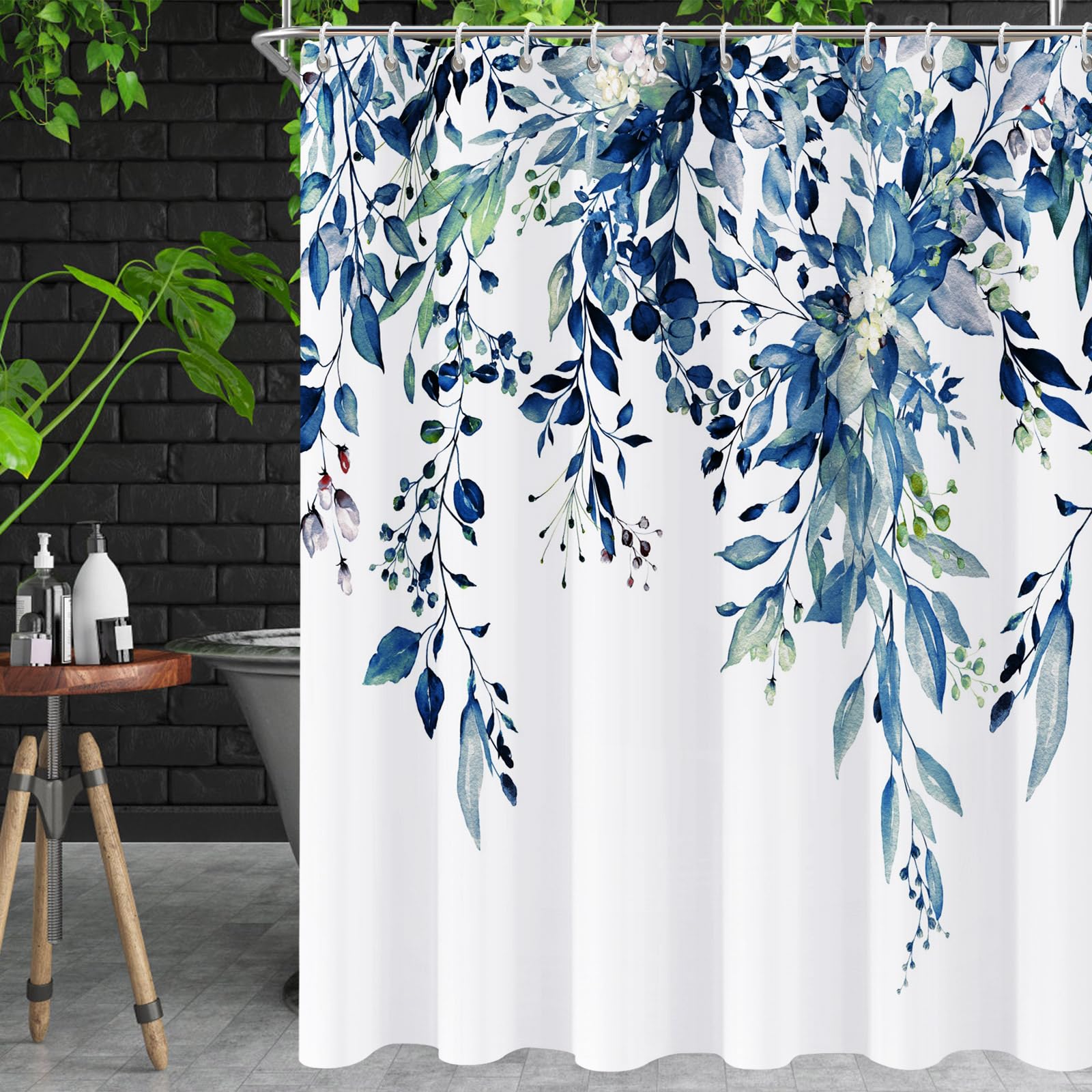NECSOLE Blue Leaf Shower Curtain Watercolor Eucalyptus Bathtub Curtain Sets Botanical Shower Curtain for Bathroom Waterproof Plant Leaves Bathroom
