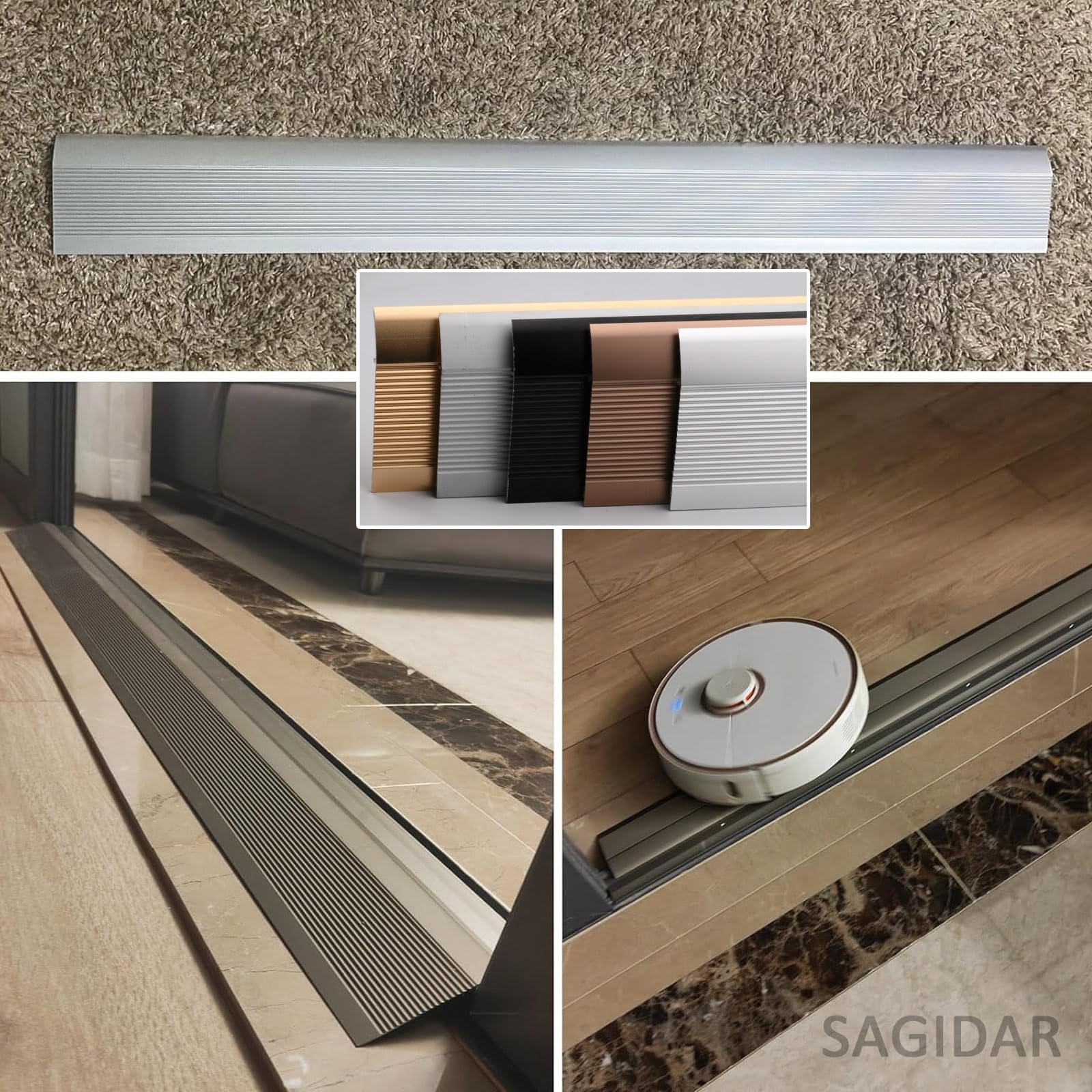 SAGIDAR Baguette Recouvrement Large 10cm, Bande Transition pour Sol Irrégulier, Surface Lisse, Facile À Installer, Convient pour Une Pente De Seuil De 1.5-4.5cm, Raccordement D'espace