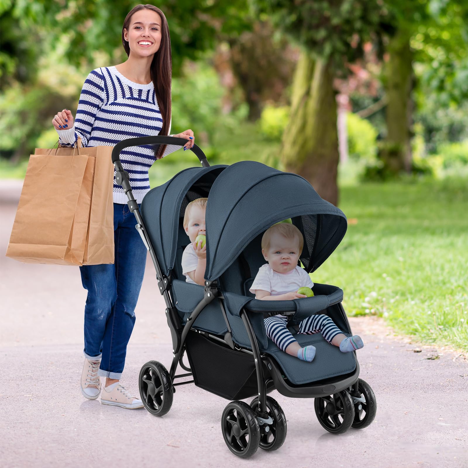 LIFEZEAL Carrito Gemelar, Silla de Paseo Doble Plegable para Gemelos, Cochecito de Viaje de 2 Plazas para Bebé con Ajuste de 3 Posiciones, Capacidad de carga 15+15 KG (Azul)