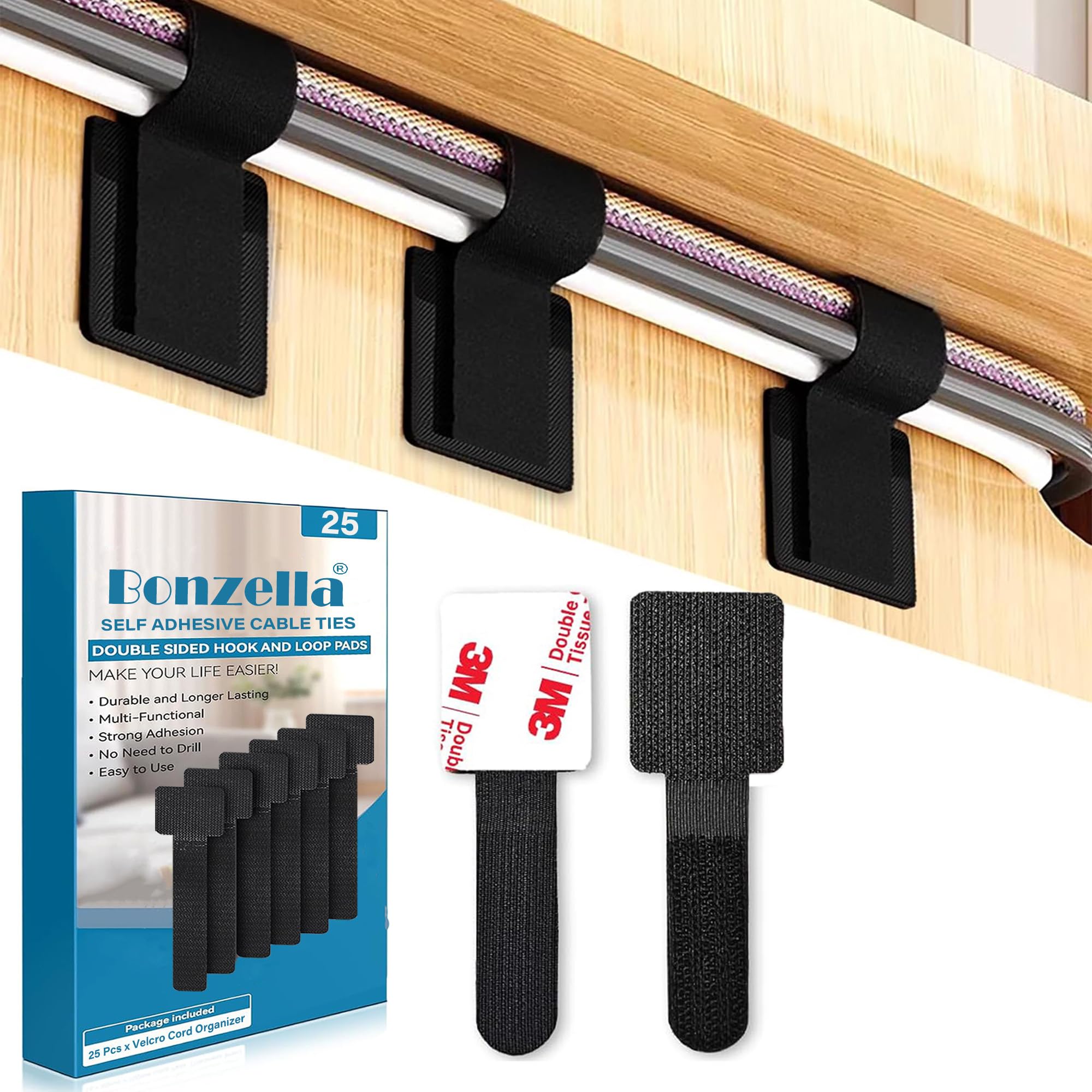 BONZELLA 25 Pcs Hook and Loop Cable Ties, Self Adhesive Cable Management Straps, Adjustable & Sticky back Cord & Wire Organizers Cable Clip for Desk, Home, Office (25, Black)