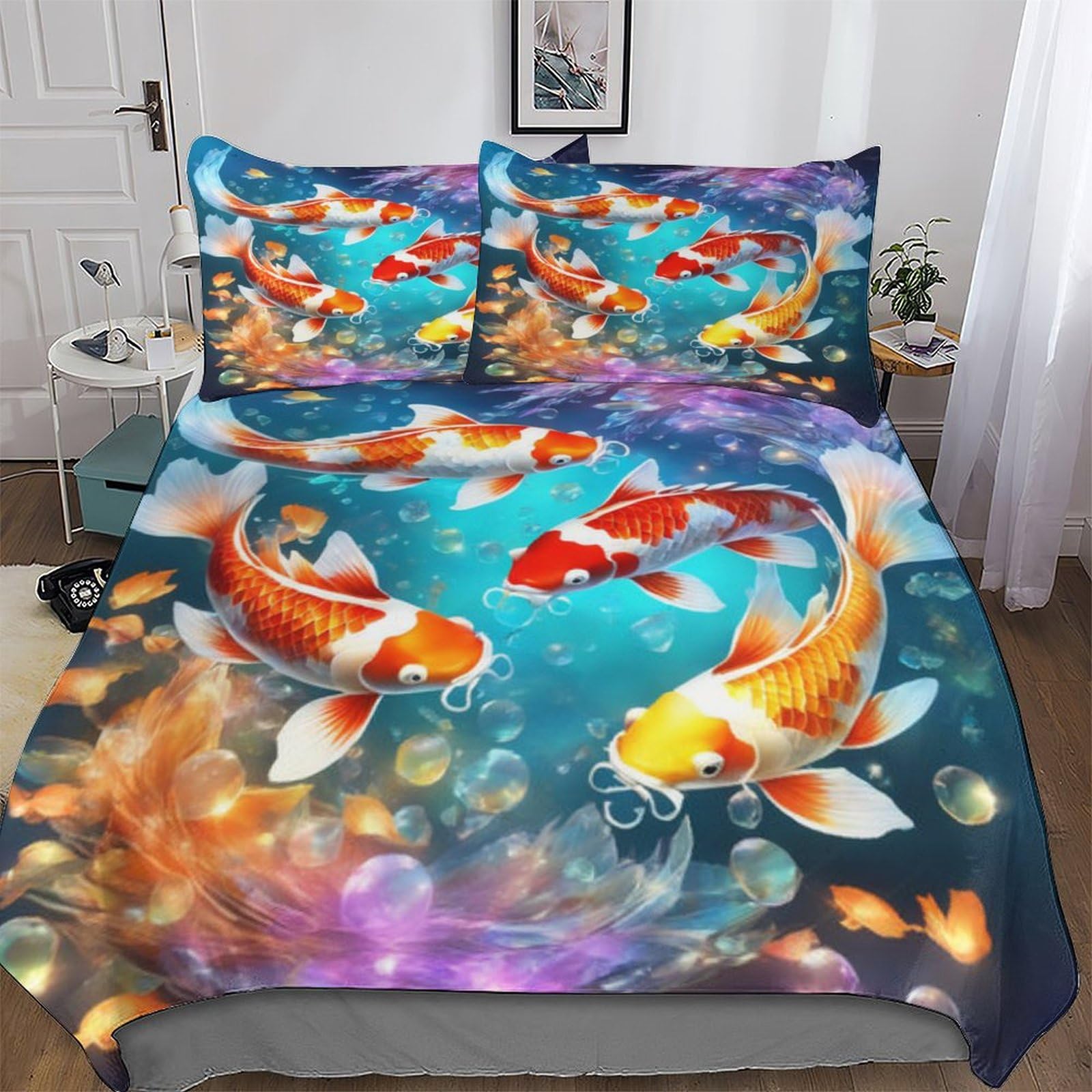 PAZZK Koi Fish 3D Duvet Cover Set 3 Pcs Printed Quilt Cover Soft Microfiber Bedding Set with Pillowcase with Zipper Closure for Kids, Youth And Adult Comforter Cover Double (200x200cm)
