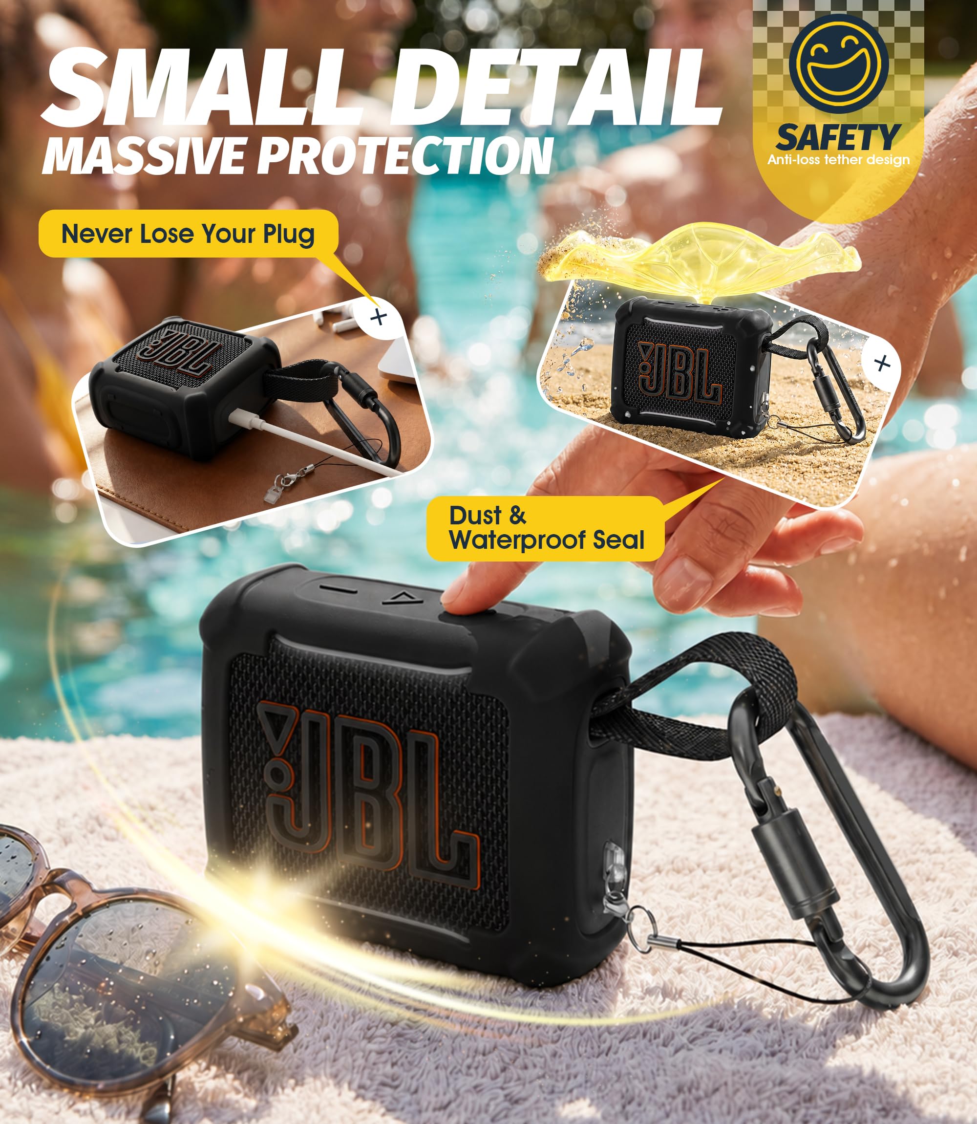 NEWZEROL Silikon Schutzhülle Kompatibel mit JBL Go 5 Bluetooth Lautsprecher, 4-Ecken Stoßfest mit Karabiner und Lanyard Staubstopfen, Leicht, Anti-Drop Schwarz
