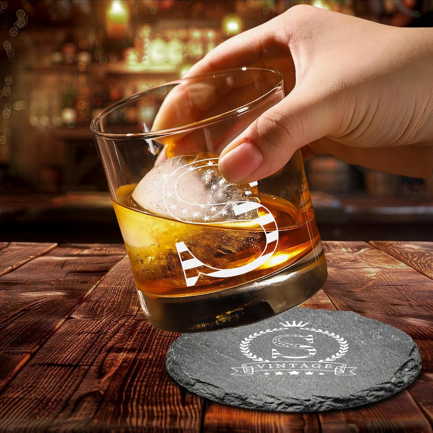 Gifts for Men Whiskey Glass Set,10oz Old Fashioned Bourbon Rocks Glass with Ice Ball Mold,Coaster and Gift Card,Personalized Birthday and Father Gift Ideas for Dad Grandpa Husband Boss (S) - Image 5