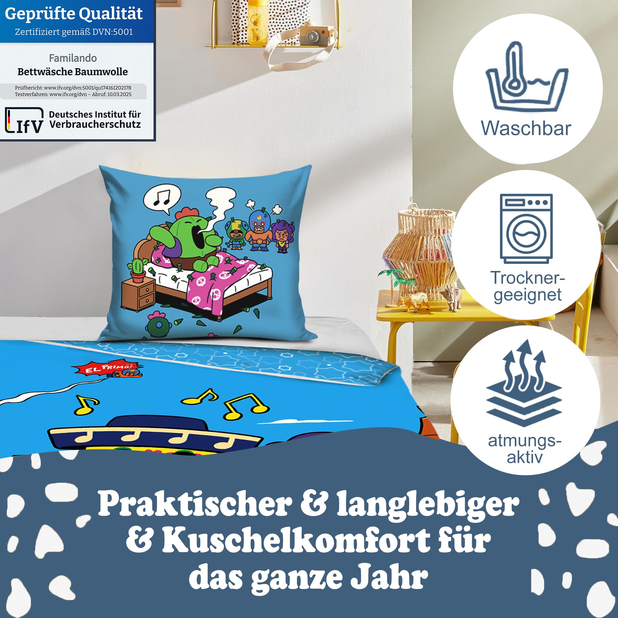 Familando Brawl Stars 2-częściowy komplet pościeli 135 x 200 80 x 80 cm – zestaw dla chłopców w jakości renforcé, 100% bawełny z zamkiem błyskawicznym – trwały kolor, można prać w pralce, Öko-Tex