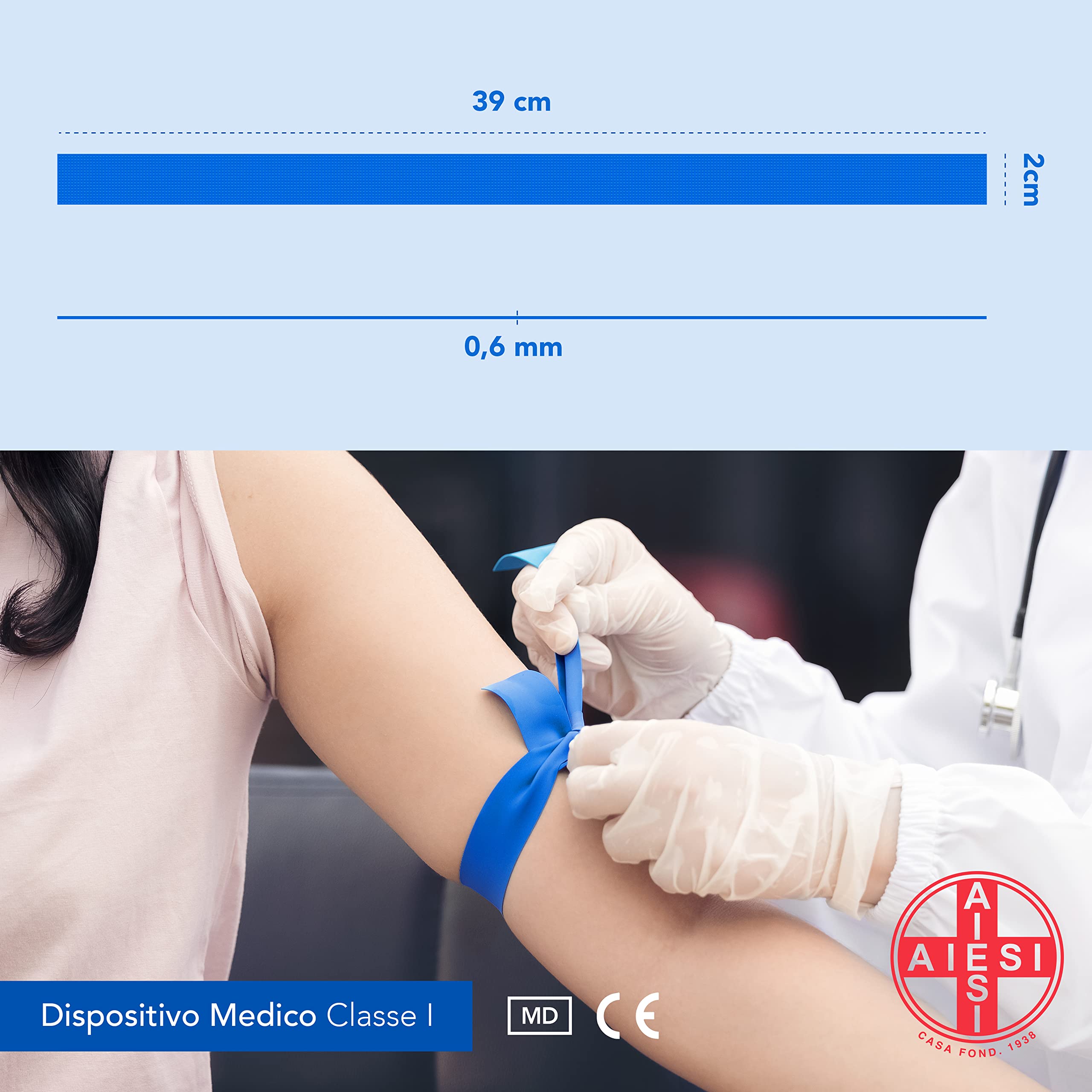 AIESI® Flacher Einweg-Venenstauer hypoallergen latexfrei aus hochelastischem thermoplastischem Gummi (TPE) blaue Farbe Länge 39 cm EMOVEN (Packung mit 250 Stück)