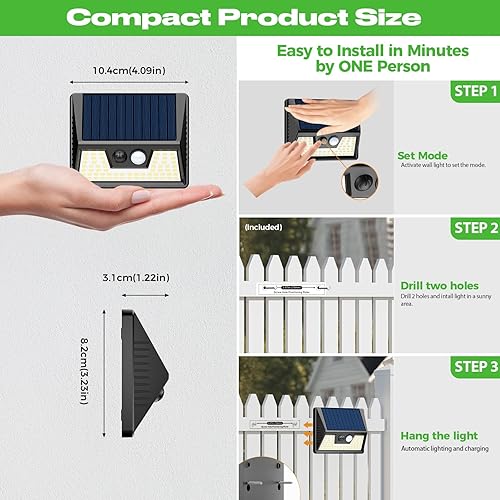 Miniatura 7 de Peasur Luces solares con sensor de movimiento para exteriores, paquete de 4 luces solares para valla con impermeabilidad IP65, 3 modos de