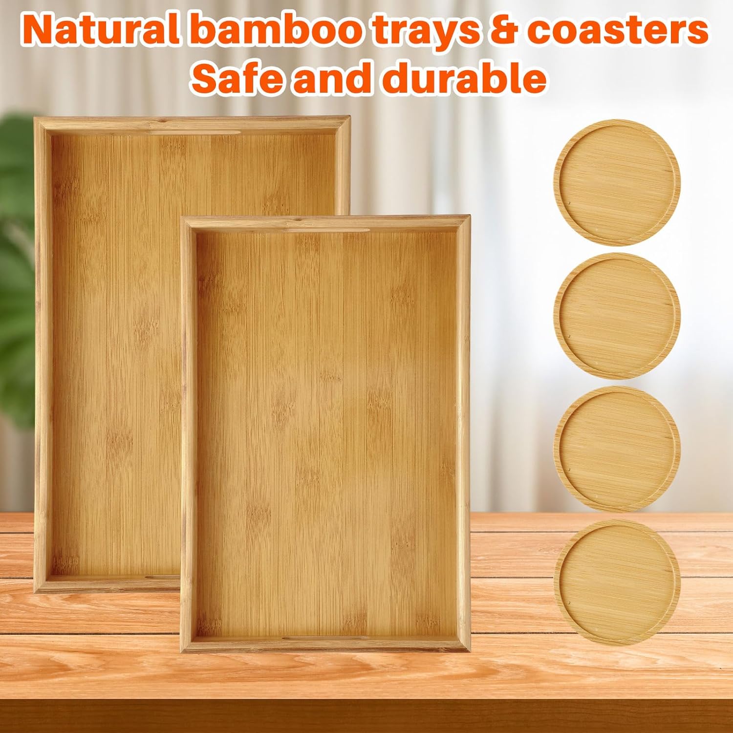 6Pcs Bamboo Serving Tray with Handles and Coasters Trays for Serving Food for Breakfast Dinner Coffee Snacks Suitable for Living Room Bedroom and Kitchen - Image 4