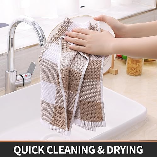 Miniatura 3 de Homaxy Toallas de cocina a cuadros de 100 % algodón, 13 x 28 pulgadas, súper suaves y absorbentes, para secar platos, paquete de 8, blanco y caqui