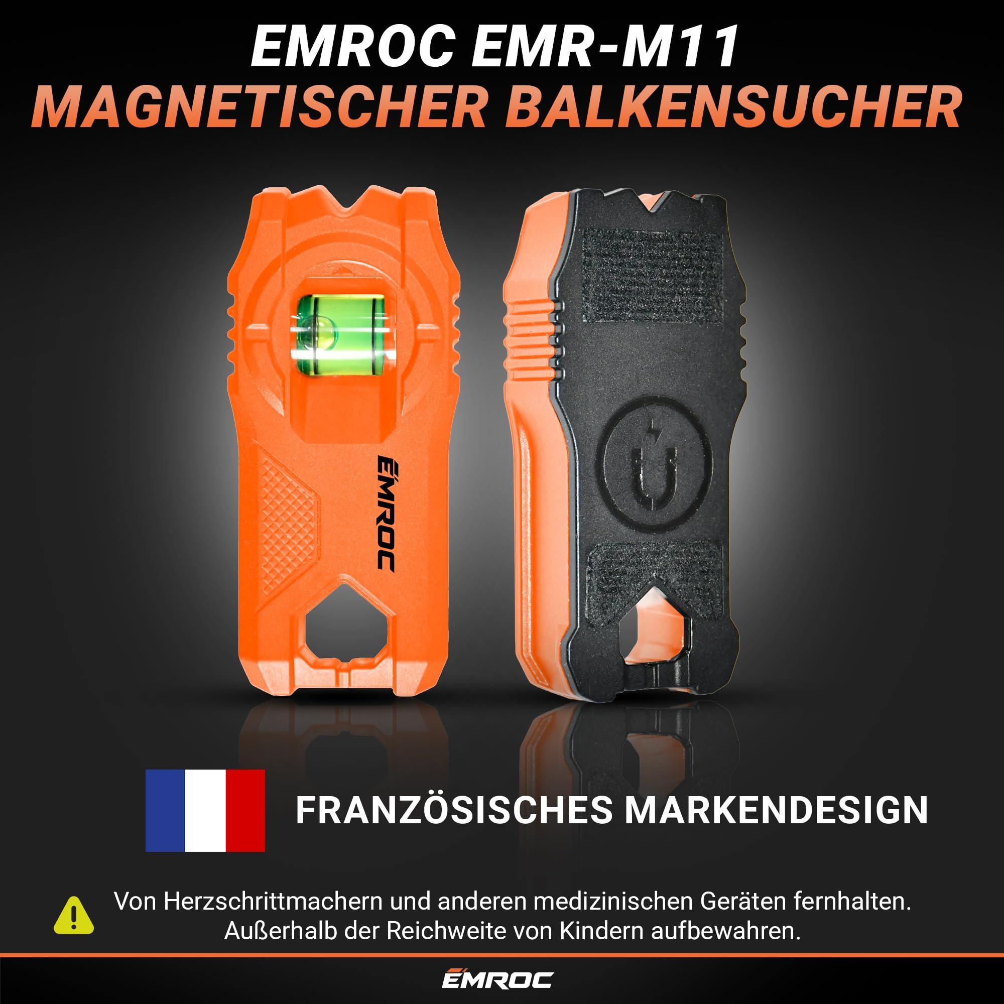 Stud Finder Magnet EMR-M11 - Balkensucher Neodym Trockenbau Rigips | Ohne Batterien | Mit Wasserwaage | Schrauben in Wand finden | Heimwerker & Profis | Französische Marke
