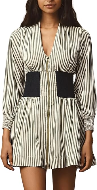 Womens Long Sleeve Mini Dress V Neck Smocked Zipper Dress Casual A Line Short Dress with Pockets