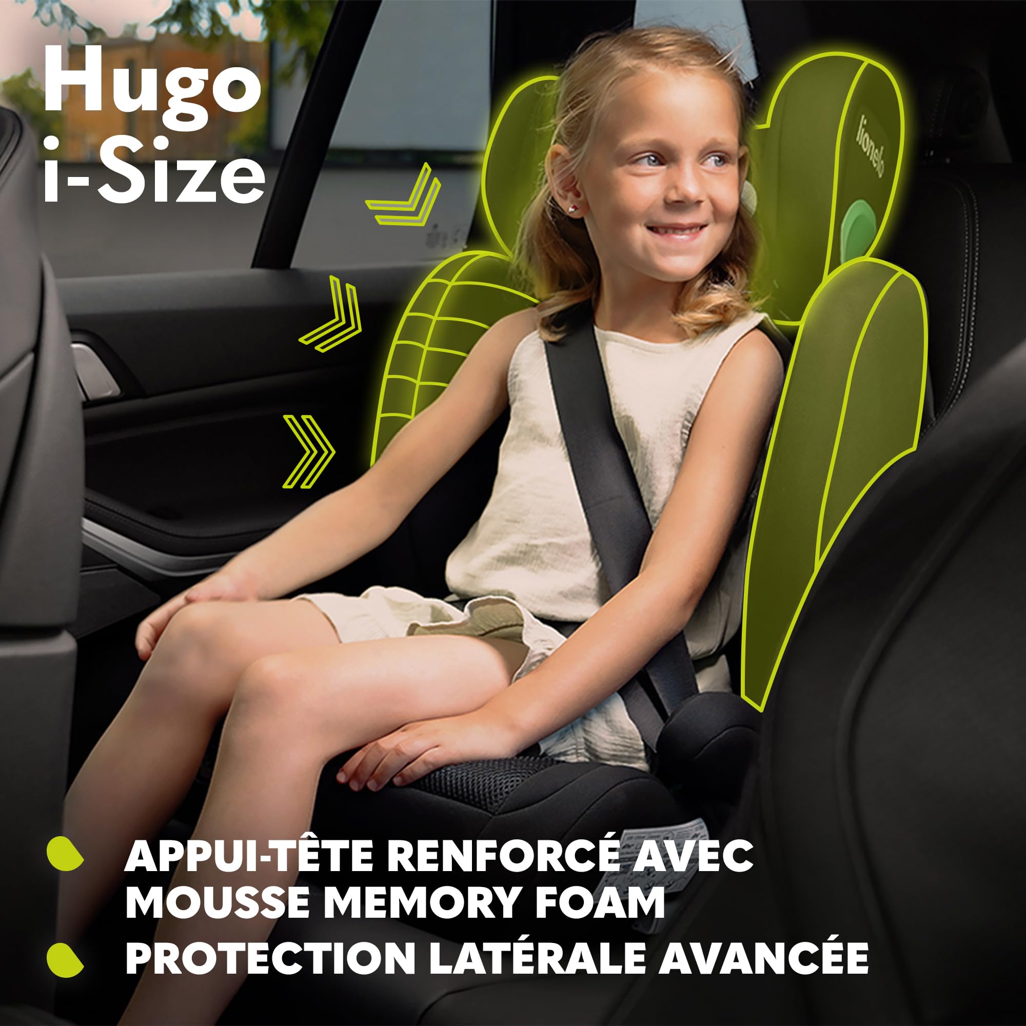 LIONELO HUGO I-SIZE Rehausseur Voiture Enfant Siège Auto Groupe 2 3 100-150 cm ISOFIX Appui-tête Réglable Memory Foam Protection Latérale Accoudoirs BLACK CARBON