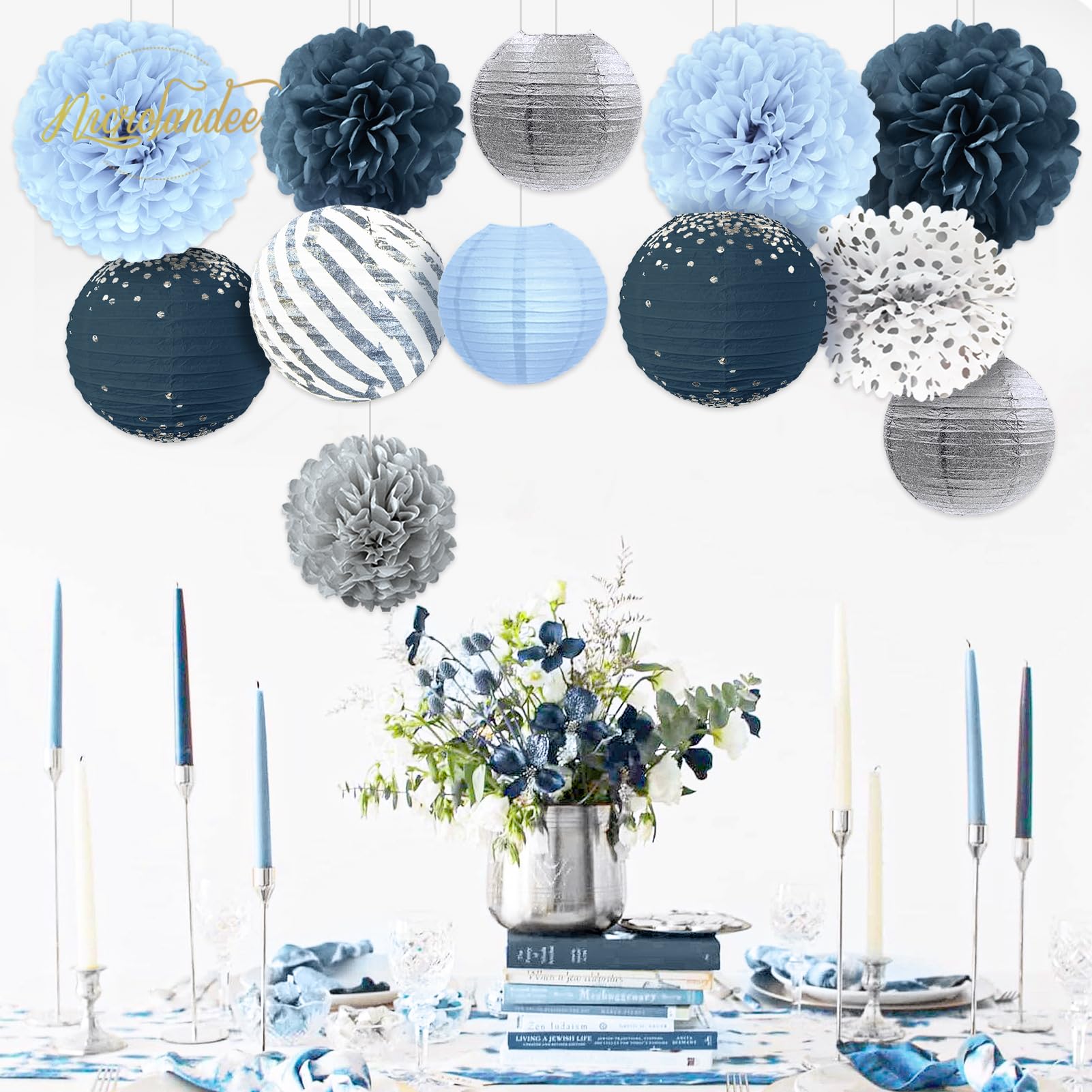 12 Stück Marineblaue Pompons & Laternen – Seidenpapier-Deko Für Party, Hochzeit, Geburtstag, Babyshower