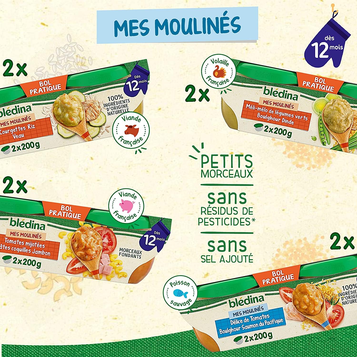 Blédina - Mes Moulinés - Repas bébé - 16 bols avec 4 Recettes inspirées du Fait Maison - Dès 12 Mois - Faible teneur en sel - 16x200g, Multicolore