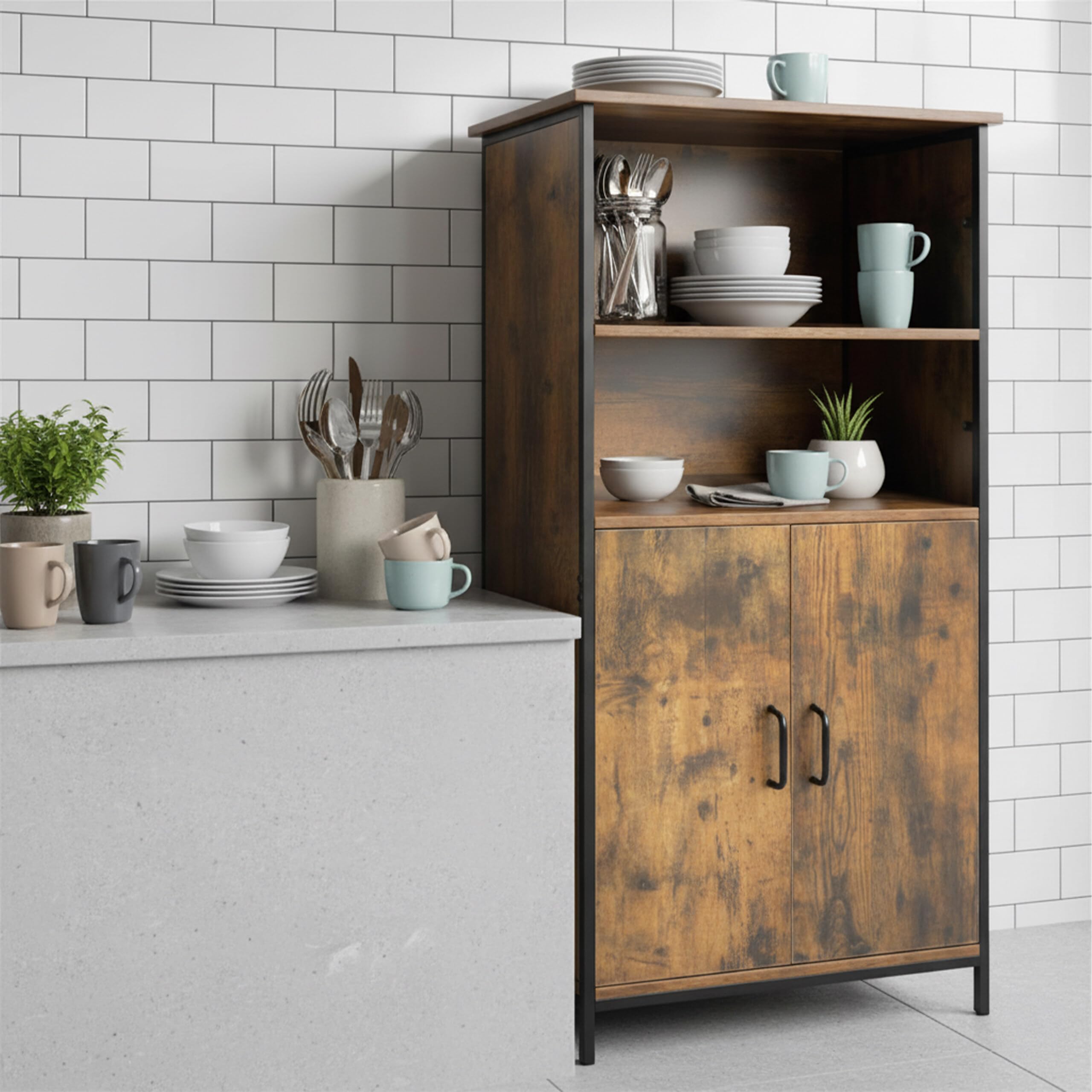 Armadio da Cucina Relaxdays, Stile Industriale, scaffale con Ante, HLP: 124,5 x 60 x 35 cm, Mobile Vintage, Marrone