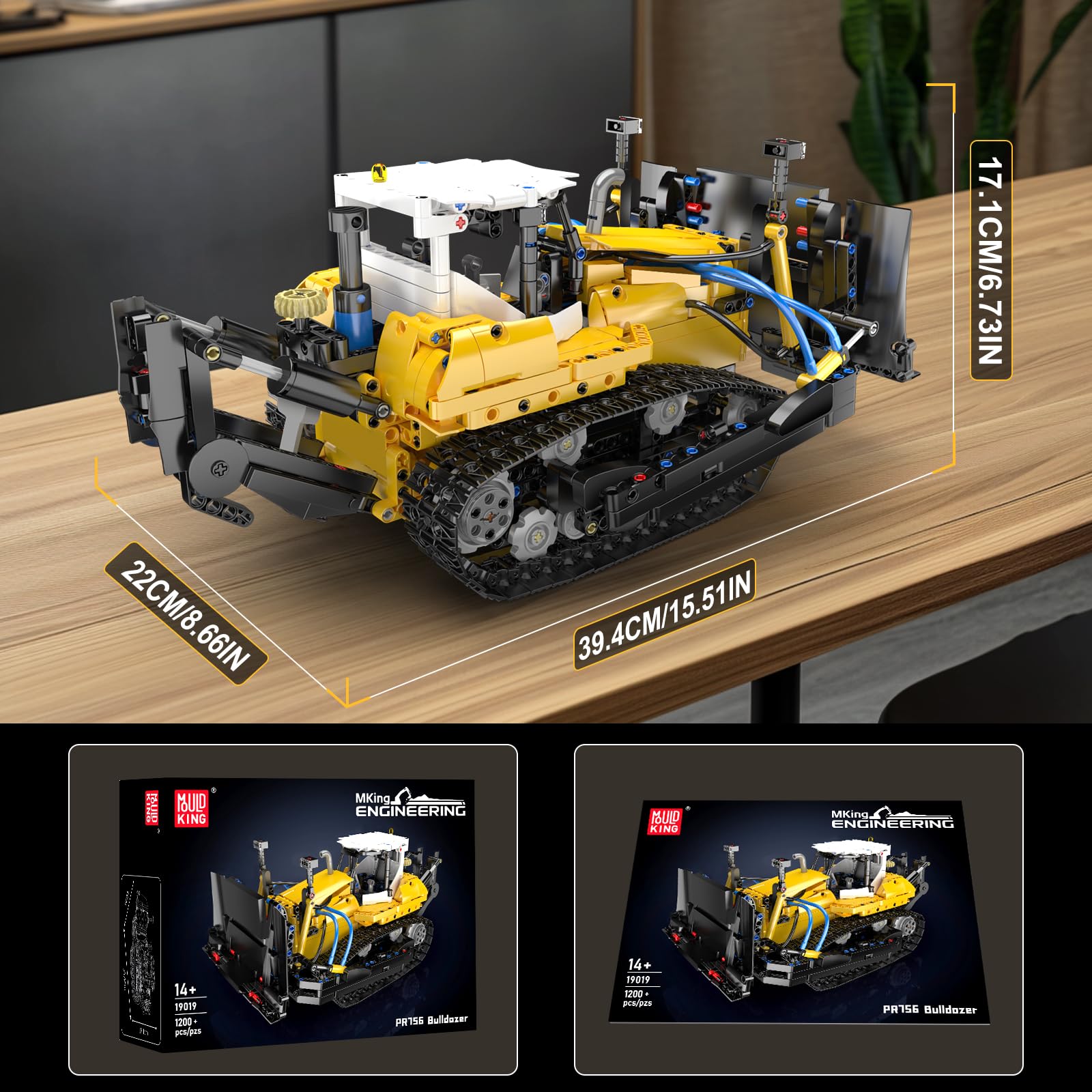 Mould King 19019 Technik Bulldozer Bausatz, Statisches Ketten-Baumaschine Modell, Klemmbausteine Bauspielzeug für Erwachsene & Jugendliche (1200 Teile)