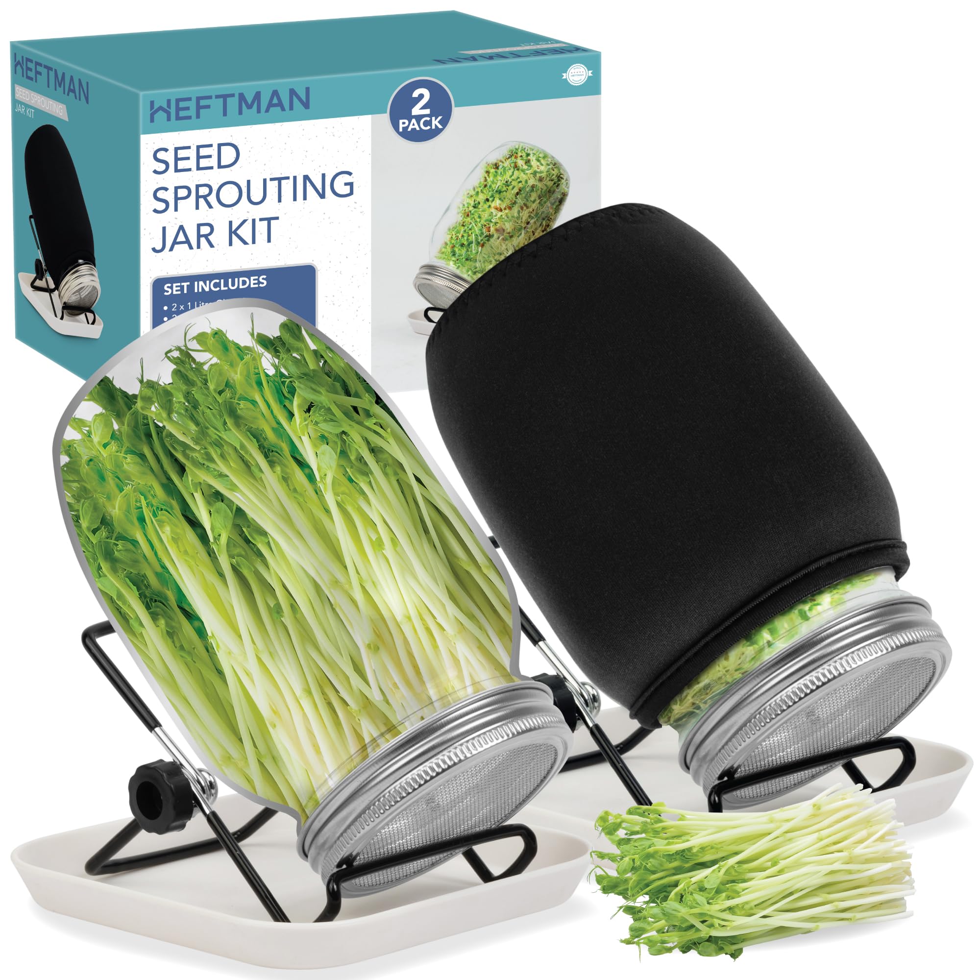 HEFTMAN Kit per germogliare i semi, confezione da 2 pezzi, kit per la coltivazione di microgreens, barattolo per germogliare con coperchi in rete, vassoio per germogliare, supporti, panni ombreggianti