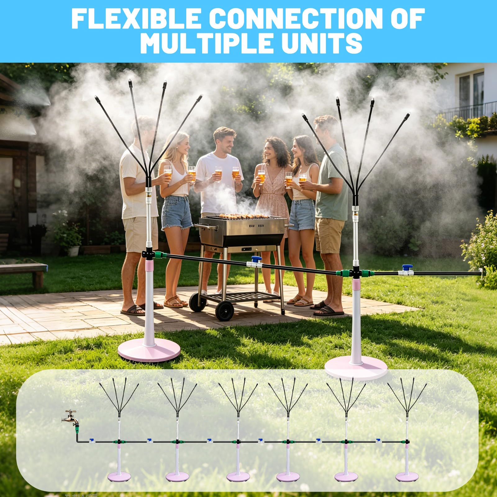 Sistema de riego de pulverización de pie, altura ajustable con manguera de 10 m, boquilla de latón, niebla triangular, refrigeración para exteriores, jardín, terraza, piscina, salón de bronceado (115