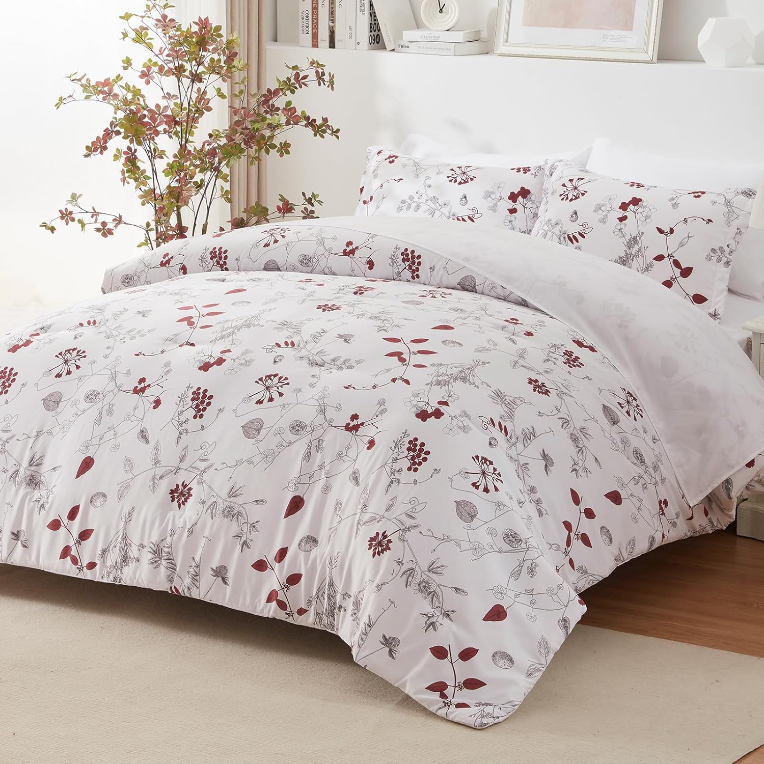 EMME Queen Comforter Set - Red Floral Bedding Set 7 PCS with Flowers Leaves Pattern, Soft Plant Printed Botanical Bed Set with Sheets, Fluffy Bed Bag for All Season(90"X90")